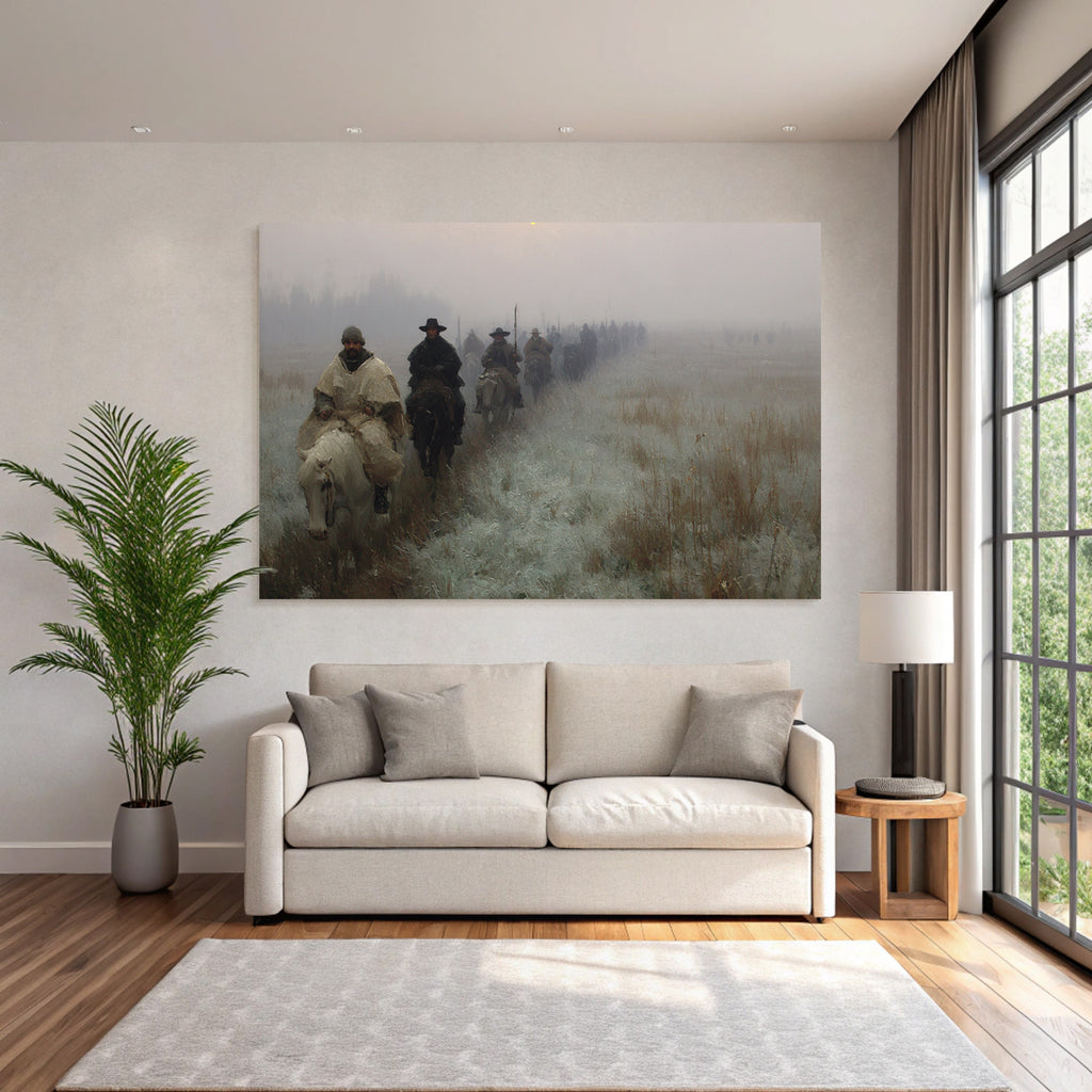 Gruppe Von Reitern Im Nebligen Landscape Morgendliche Kaelte