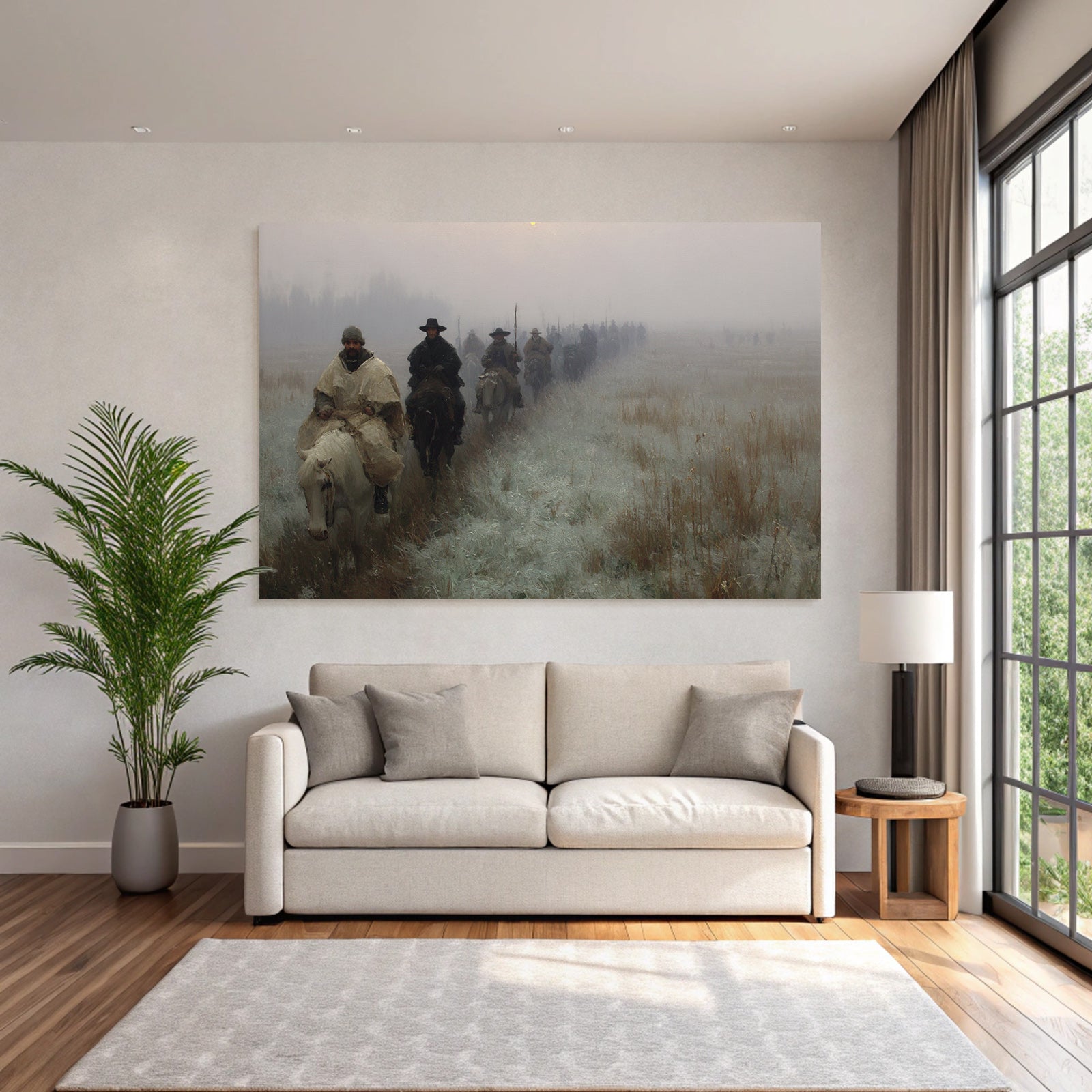 Gruppe Von Reitern Im Nebligen Landscape Morgendliche Kaelte