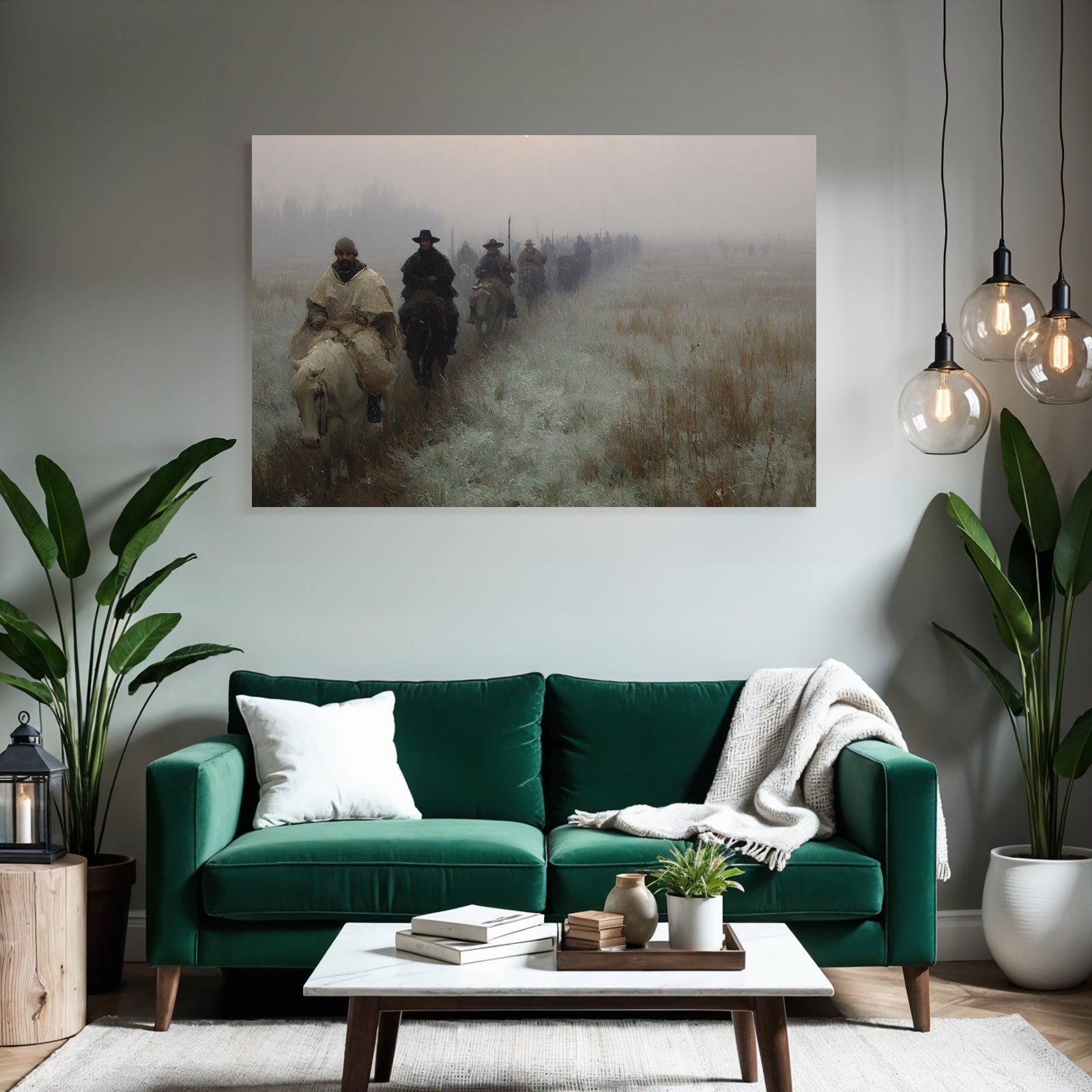 Gruppe Von Reitern Im Nebligen Landscape Morgendliche Kaelte
