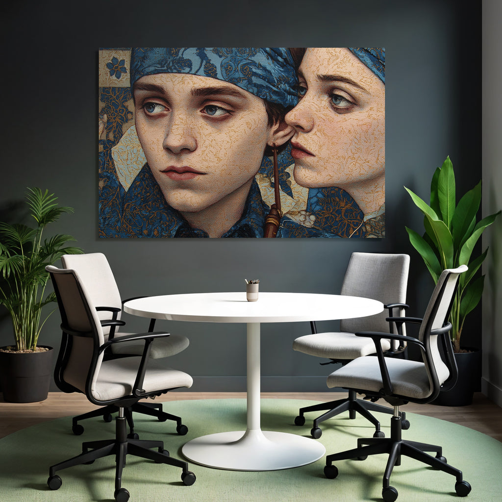 Intrikate Kunst Werk Mit Zwei Figuren In Blauer Kleidung Mit Ornamentiertem Hintergrund