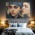 Intrikate Kunst Werk Mit Zwei Figuren In Blauer Kleidung Mit Ornamentiertem Hintergrund