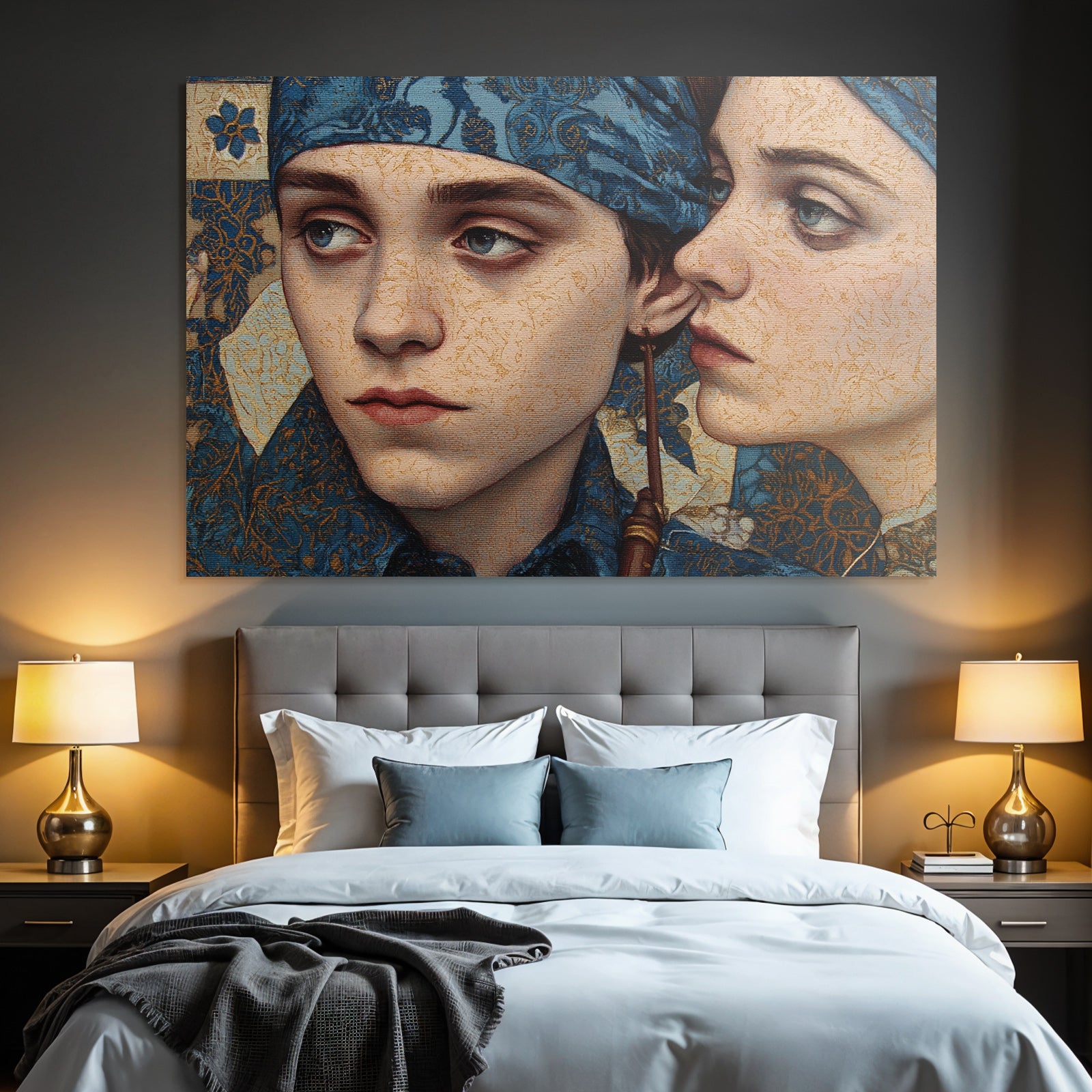 Intrikate Kunst Werk Mit Zwei Figuren In Blauer Kleidung Mit Ornamentiertem Hintergrund