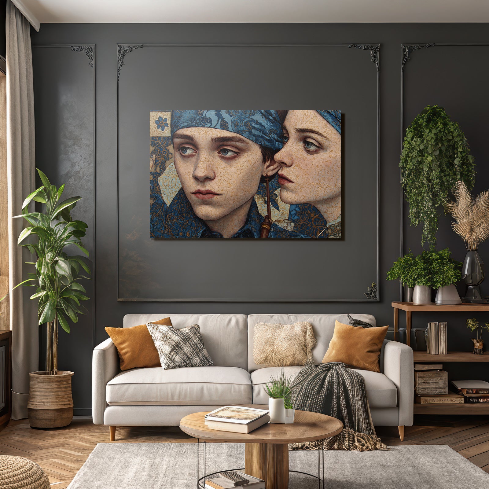 Intrikate Kunst Werk Mit Zwei Figuren In Blauer Kleidung Mit Ornamentiertem Hintergrund