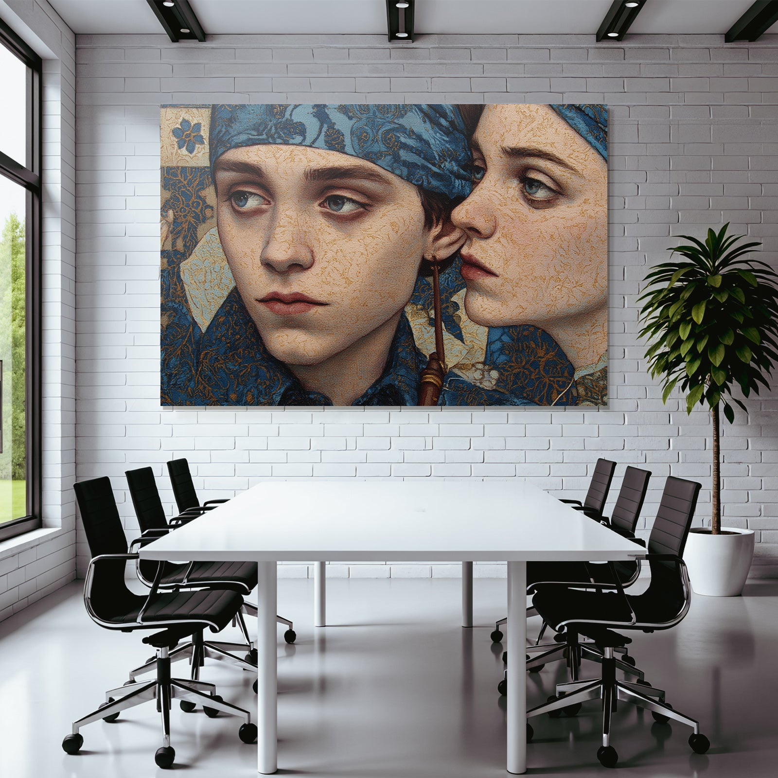 Intrikate Kunst Werk Mit Zwei Figuren In Blauer Kleidung Mit Ornamentiertem Hintergrund