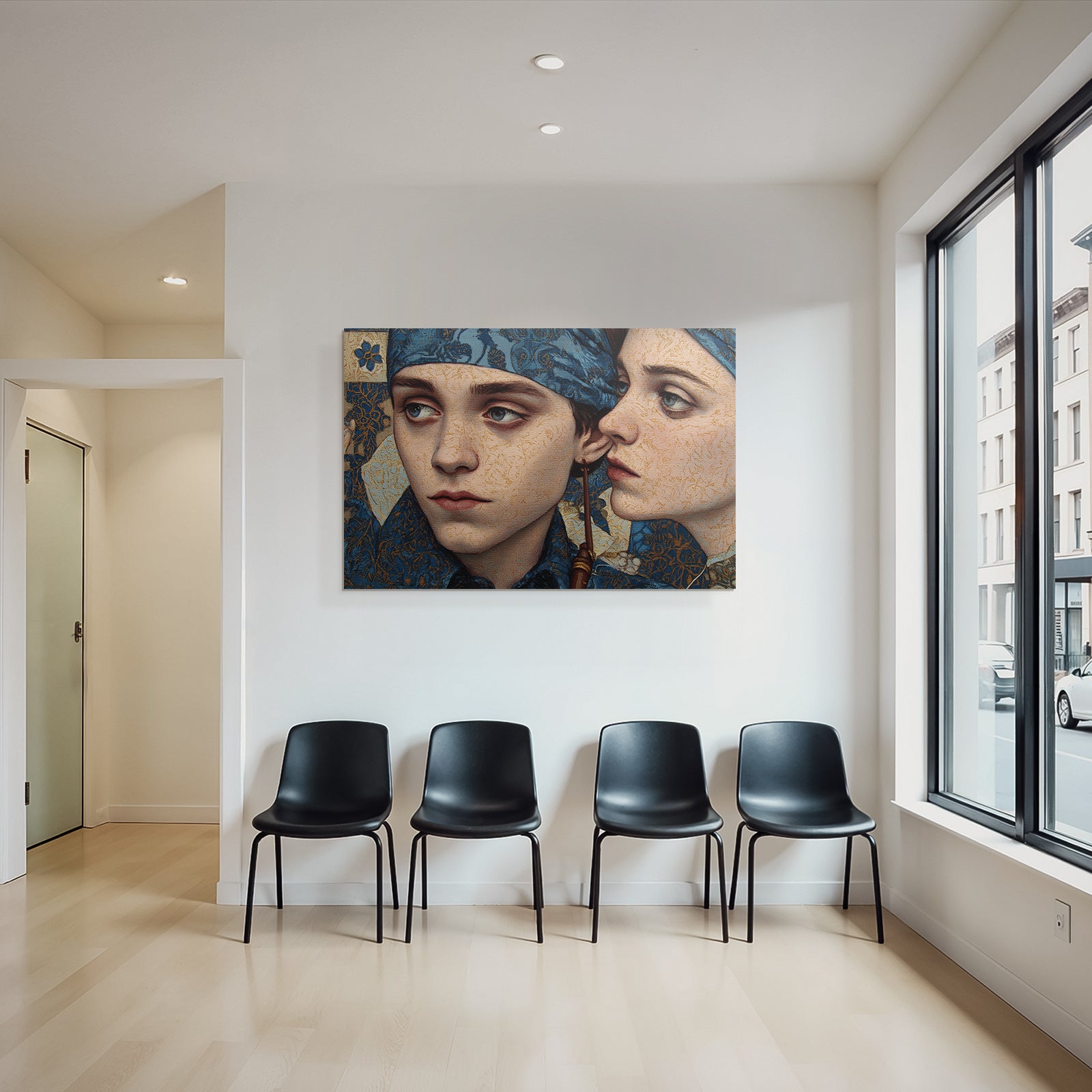 Intrikate Kunst Werk Mit Zwei Figuren In Blauer Kleidung Mit Ornamentiertem Hintergrund