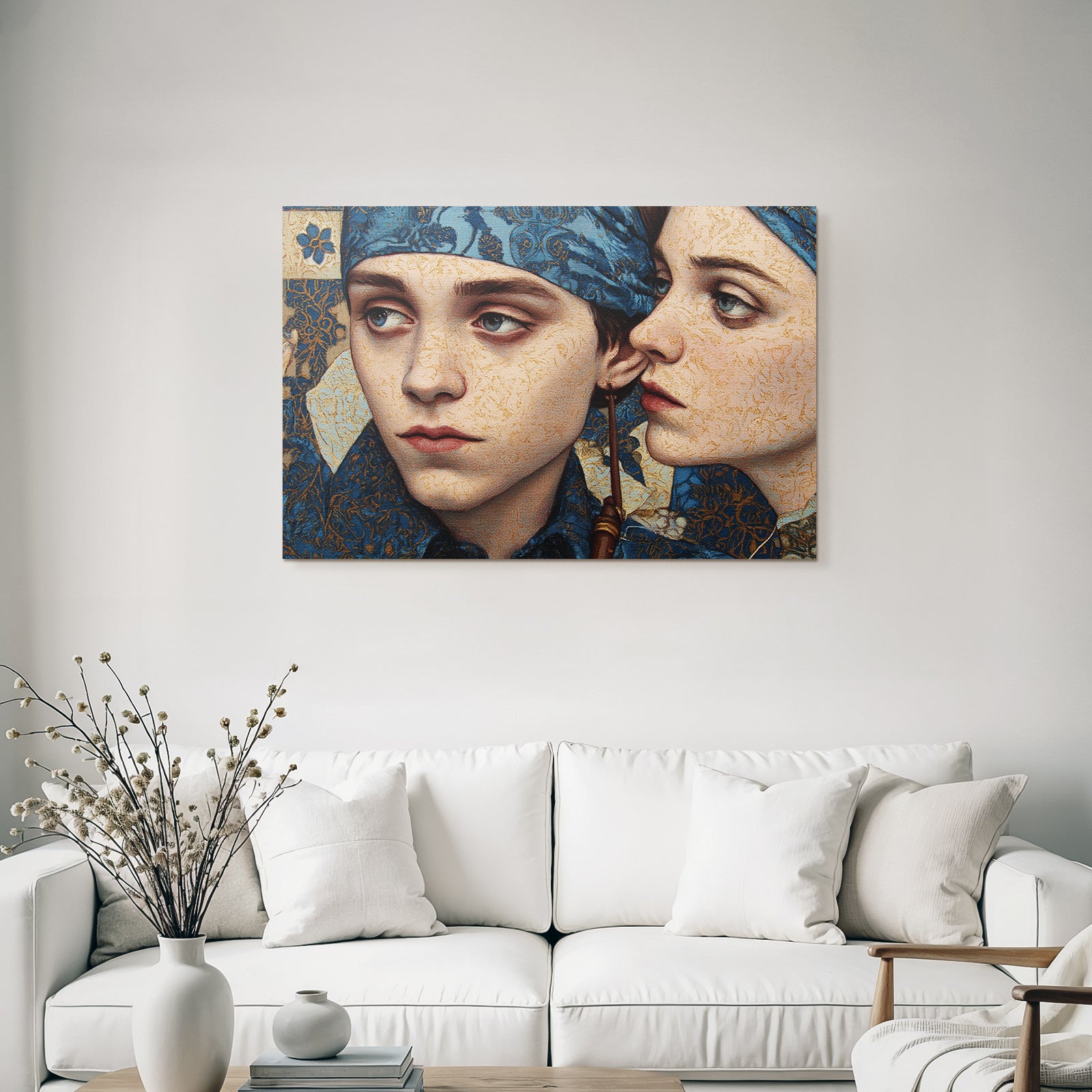 Intrikate Kunst Werk Mit Zwei Figuren In Blauer Kleidung Mit Ornamentiertem Hintergrund