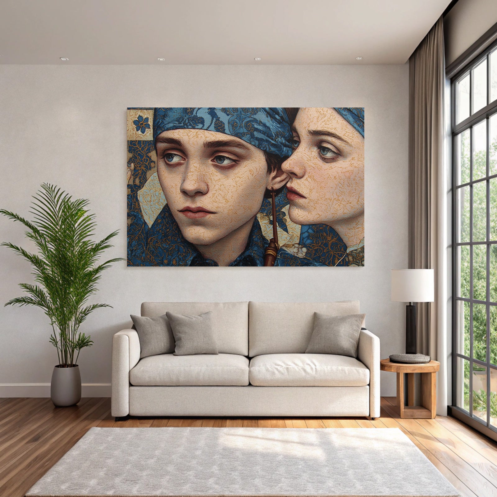 Intrikate Kunst Werk Mit Zwei Figuren In Blauer Kleidung Mit Ornamentiertem Hintergrund