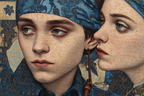 Intrikate Kunst Werk Mit Zwei Figuren In Blauer Kleidung Mit Ornamentiertem Hintergrund | Klassisch | Einrichtungsstile