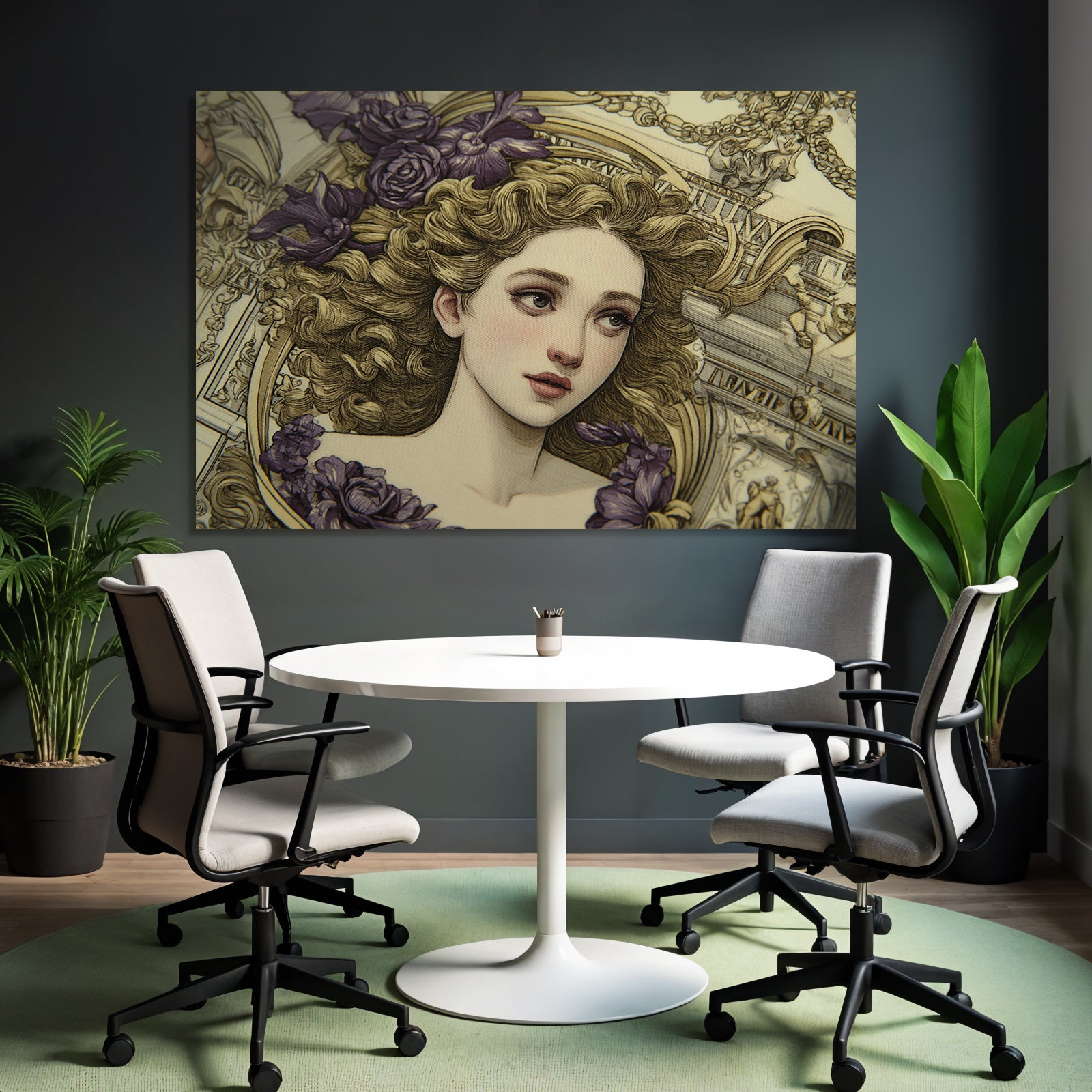 Junge Frau Mit Lockigem Haar Und Blumen Im Hintergrund Kunstwerk
