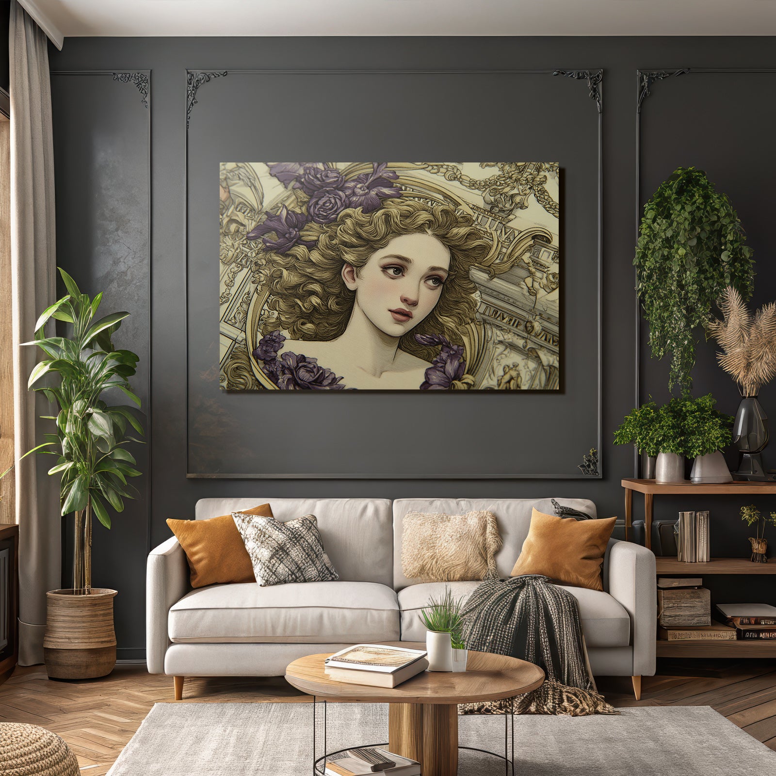 Junge Frau Mit Lockigem Haar Und Blumen Im Hintergrund Kunstwerk