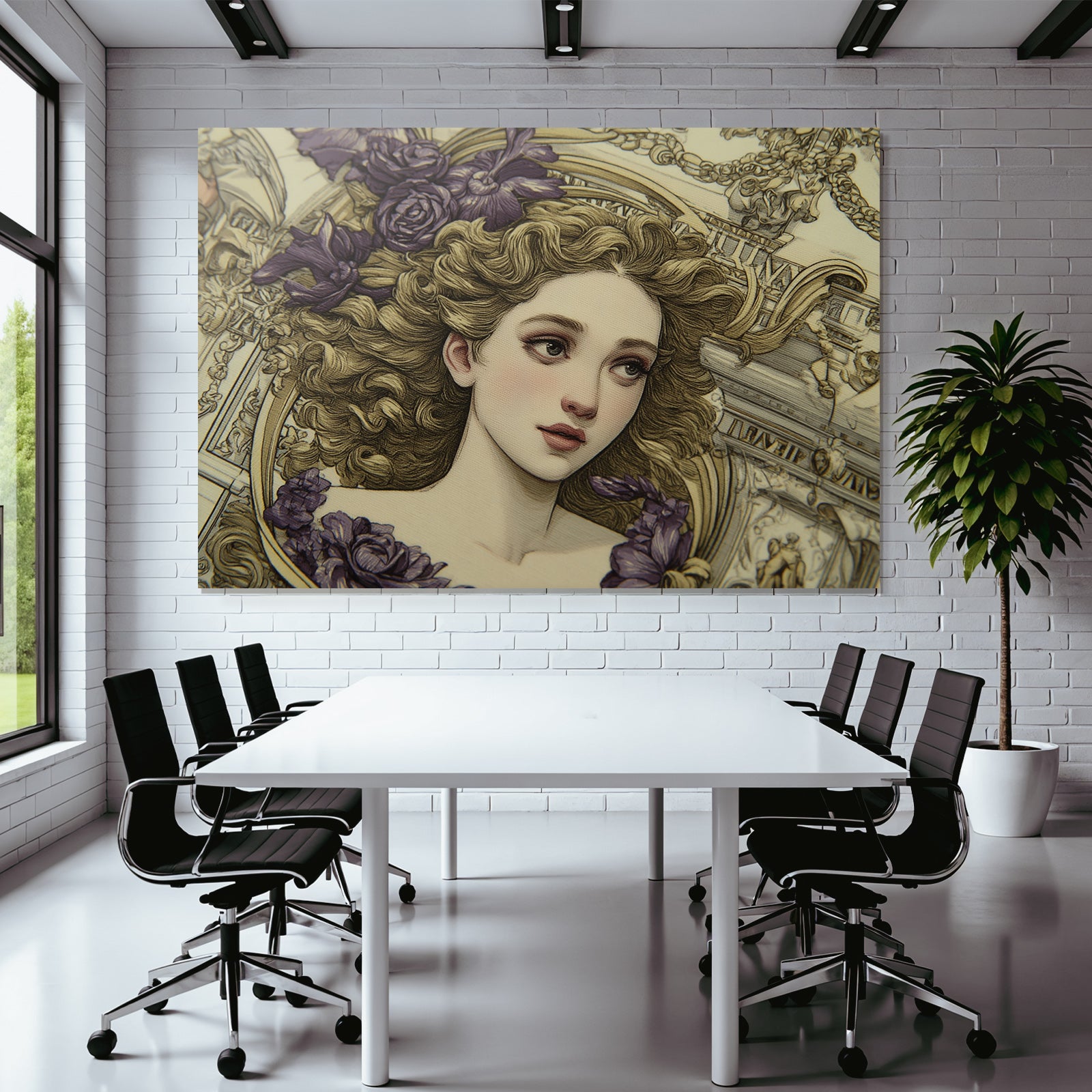 Junge Frau Mit Lockigem Haar Und Blumen Im Hintergrund Kunstwerk