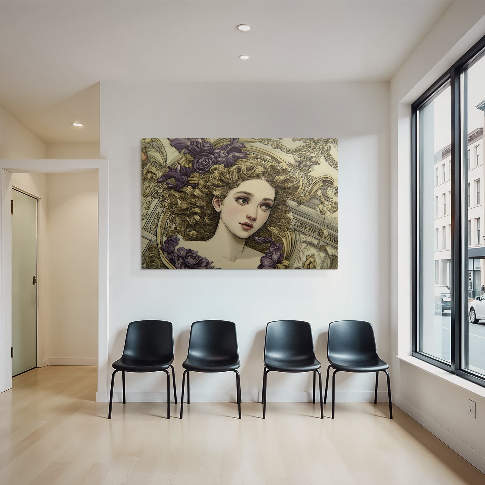 Junge Frau Mit Lockigem Haar Und Blumen Im Hintergrund Kunstwerk