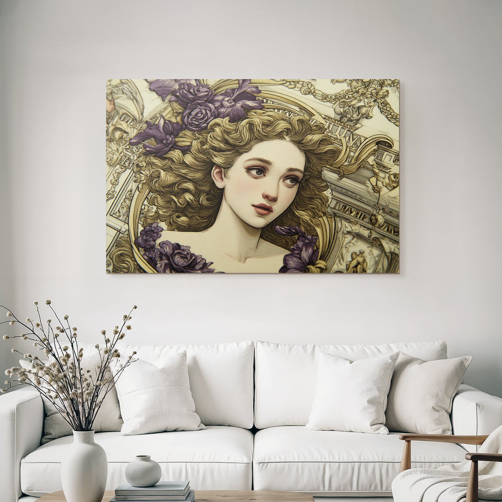 Junge Frau Mit Lockigem Haar Und Blumen Im Hintergrund Kunstwerk