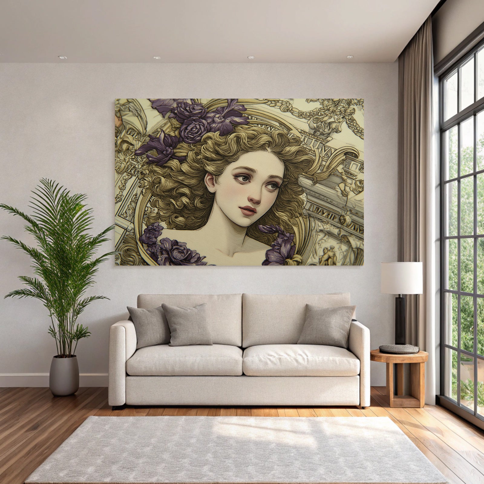 Junge Frau Mit Lockigem Haar Und Blumen Im Hintergrund Kunstwerk