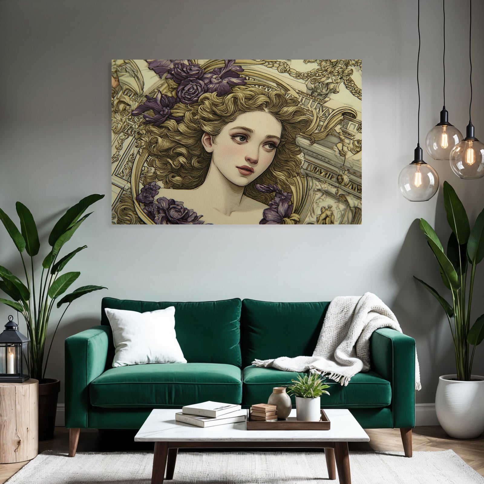 Junge Frau Mit Lockigem Haar Und Blumen Im Hintergrund Kunstwerk