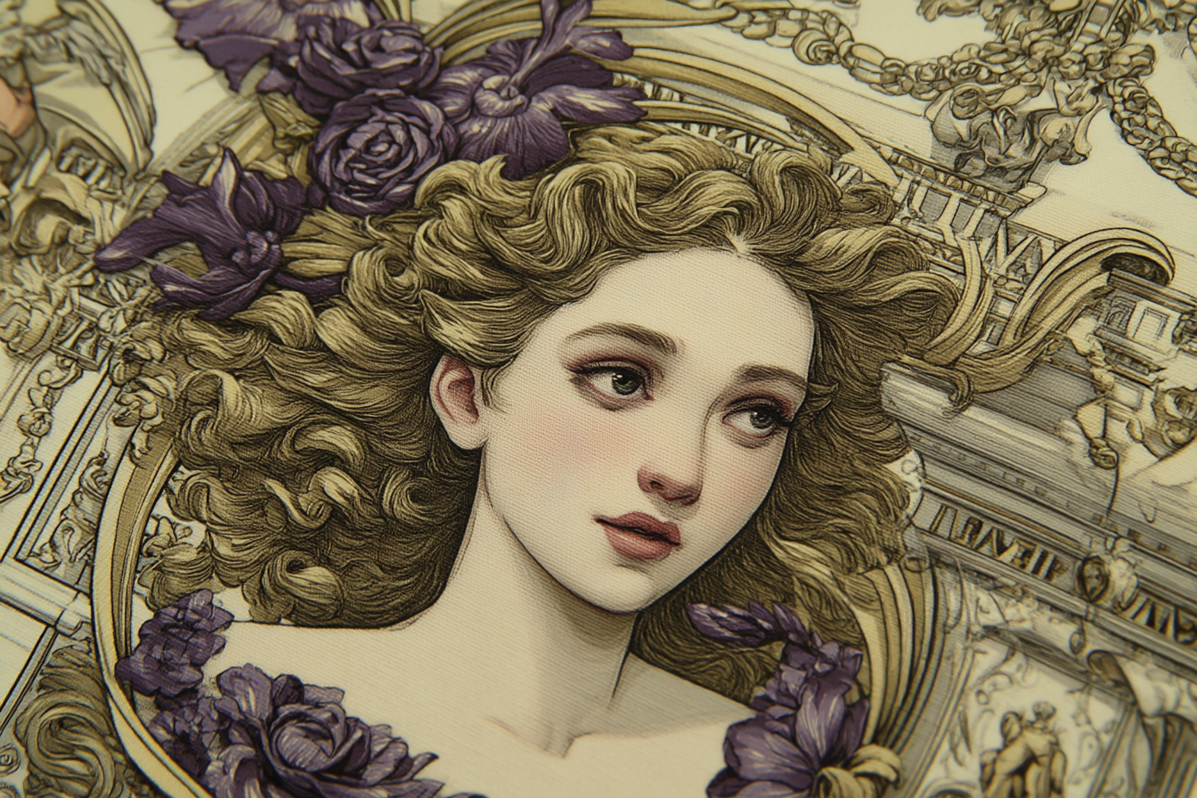Junge Frau Mit Lockigem Haar Und Blumen Im Hintergrund Kunstwerk | Klassisch | Einrichtungsstile