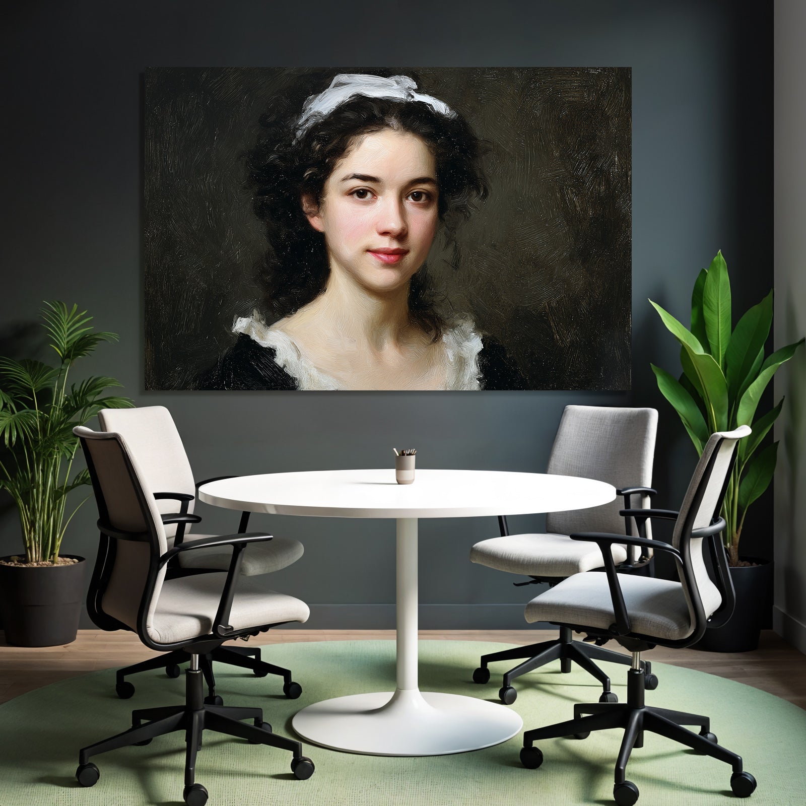 Junge Frau Mit Lockigem Haar Und Weisskragen Portrait