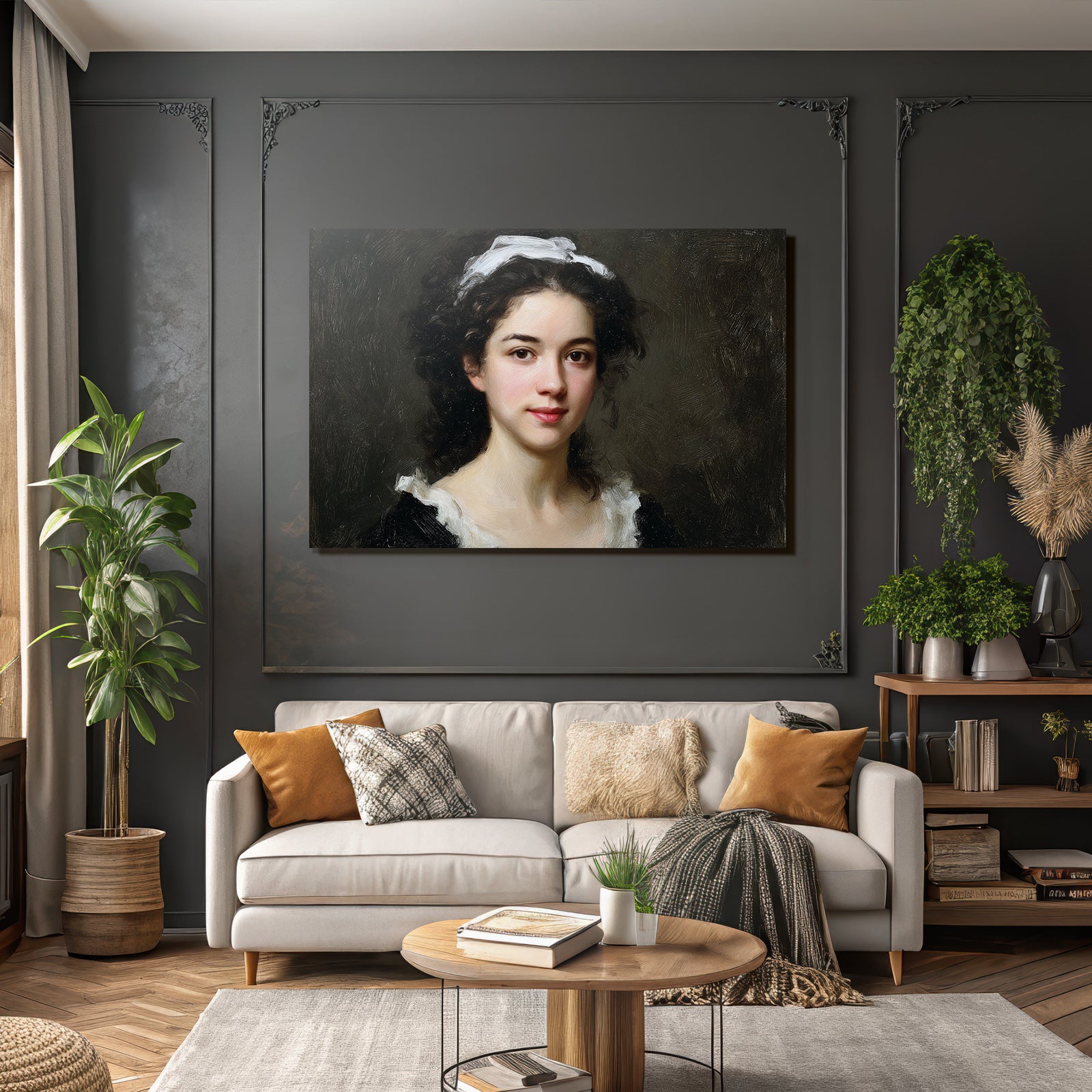 Junge Frau Mit Lockigem Haar Und Weisskragen Portrait
