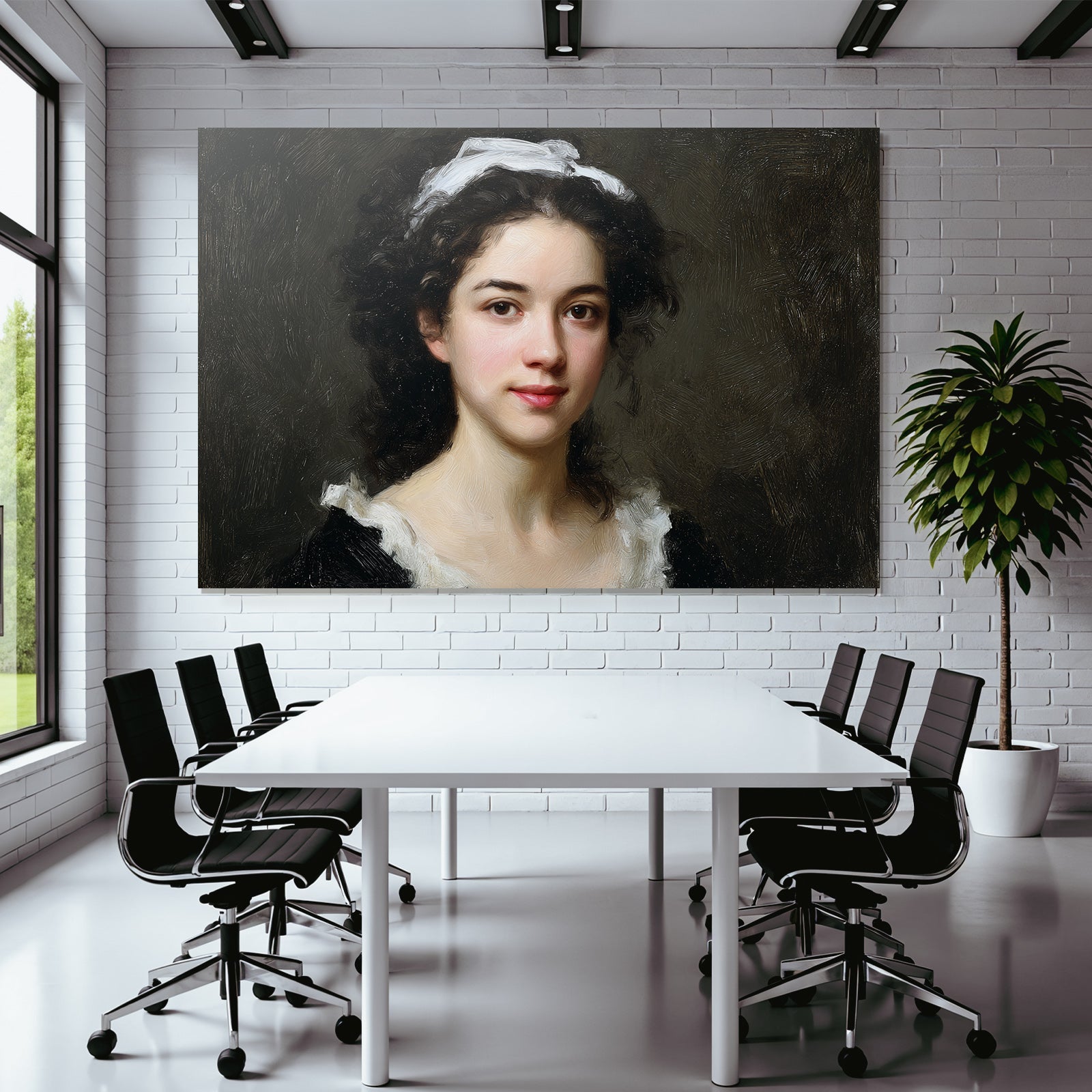 Junge Frau Mit Lockigem Haar Und Weisskragen Portrait