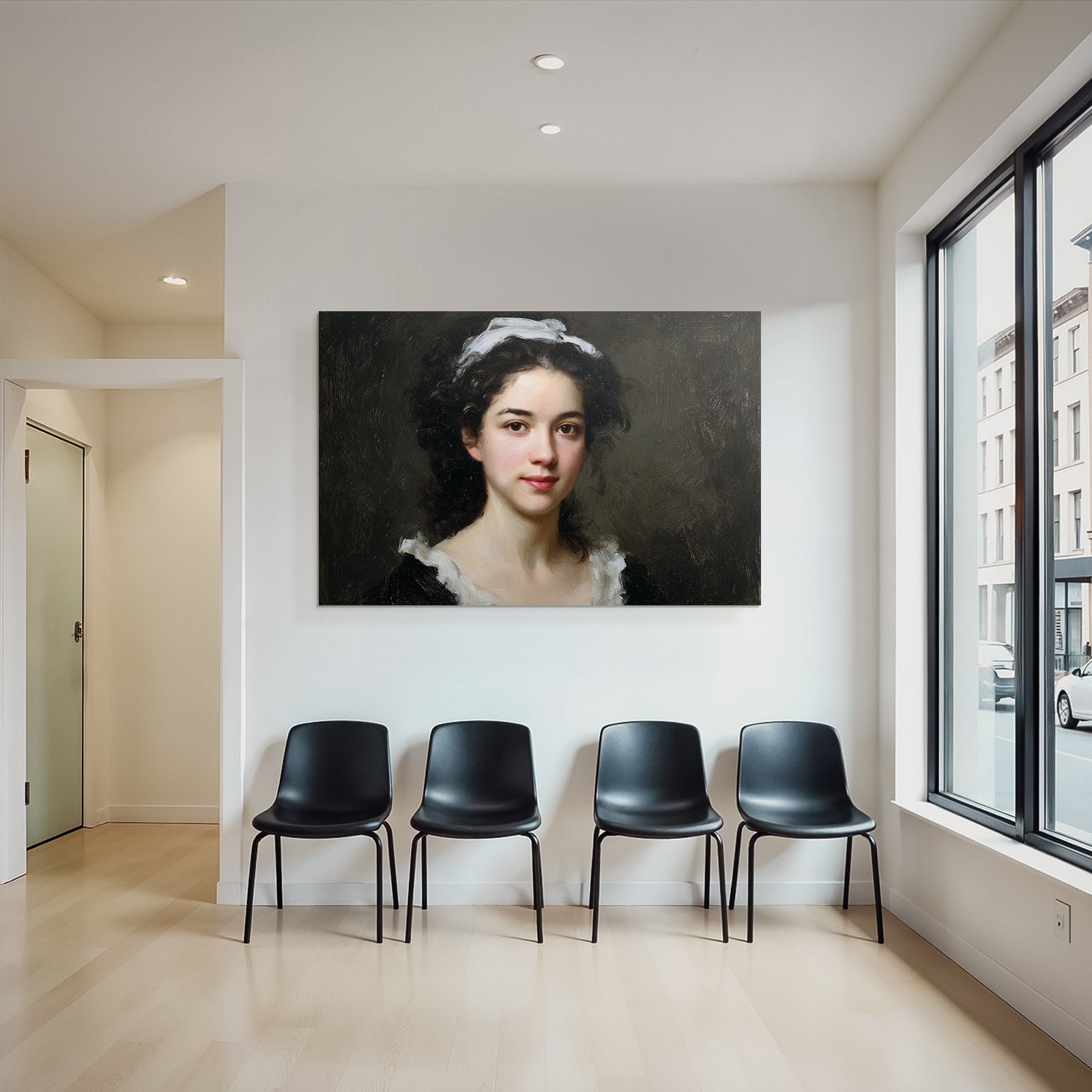 Junge Frau Mit Lockigem Haar Und Weisskragen Portrait