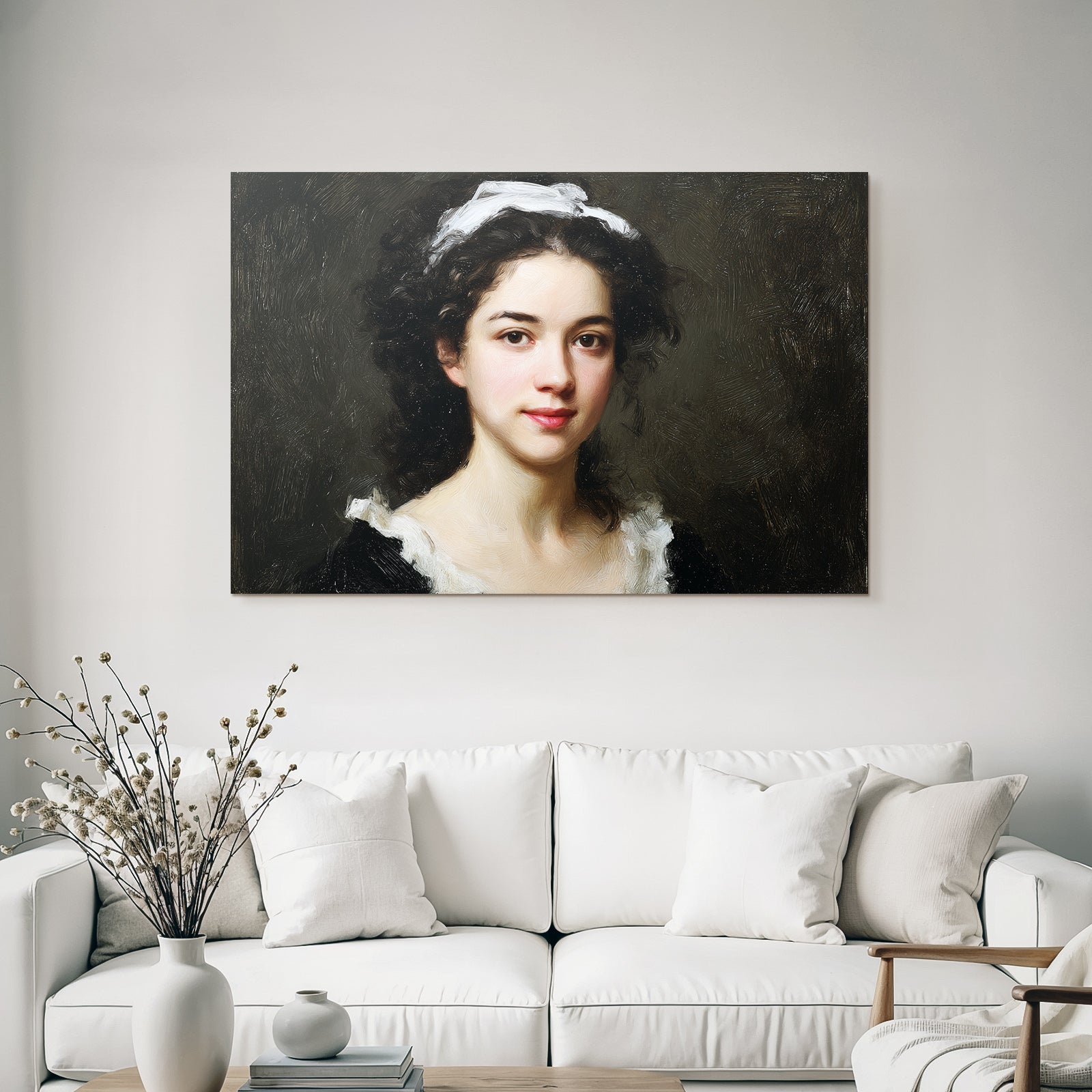 Junge Frau Mit Lockigem Haar Und Weisskragen Portrait
