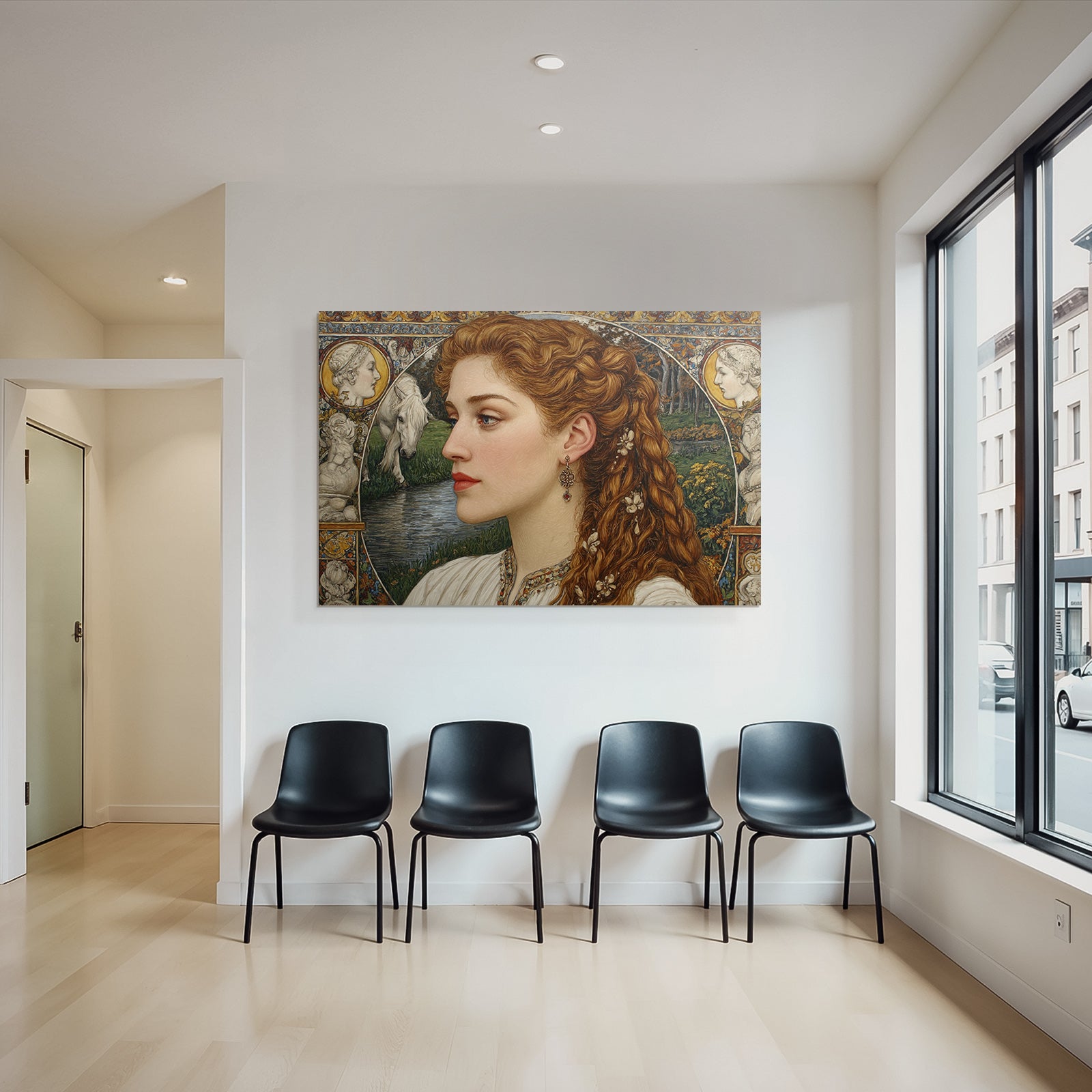 Junge Frau Portrait Hintergrund Pferd Blumen Muster