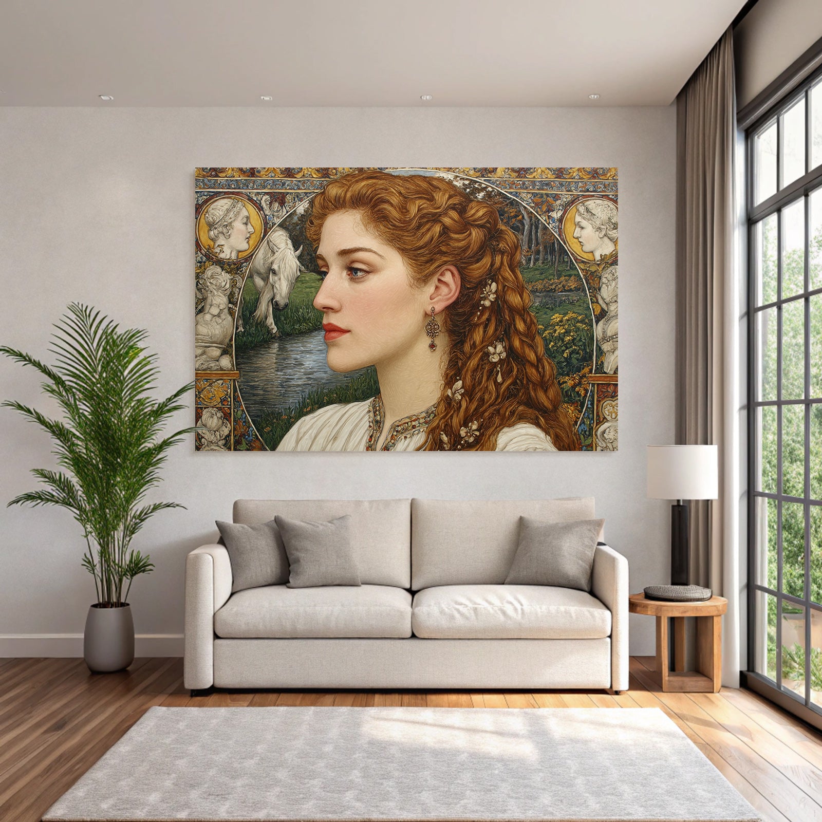 Junge Frau Portrait Hintergrund Pferd Blumen Muster