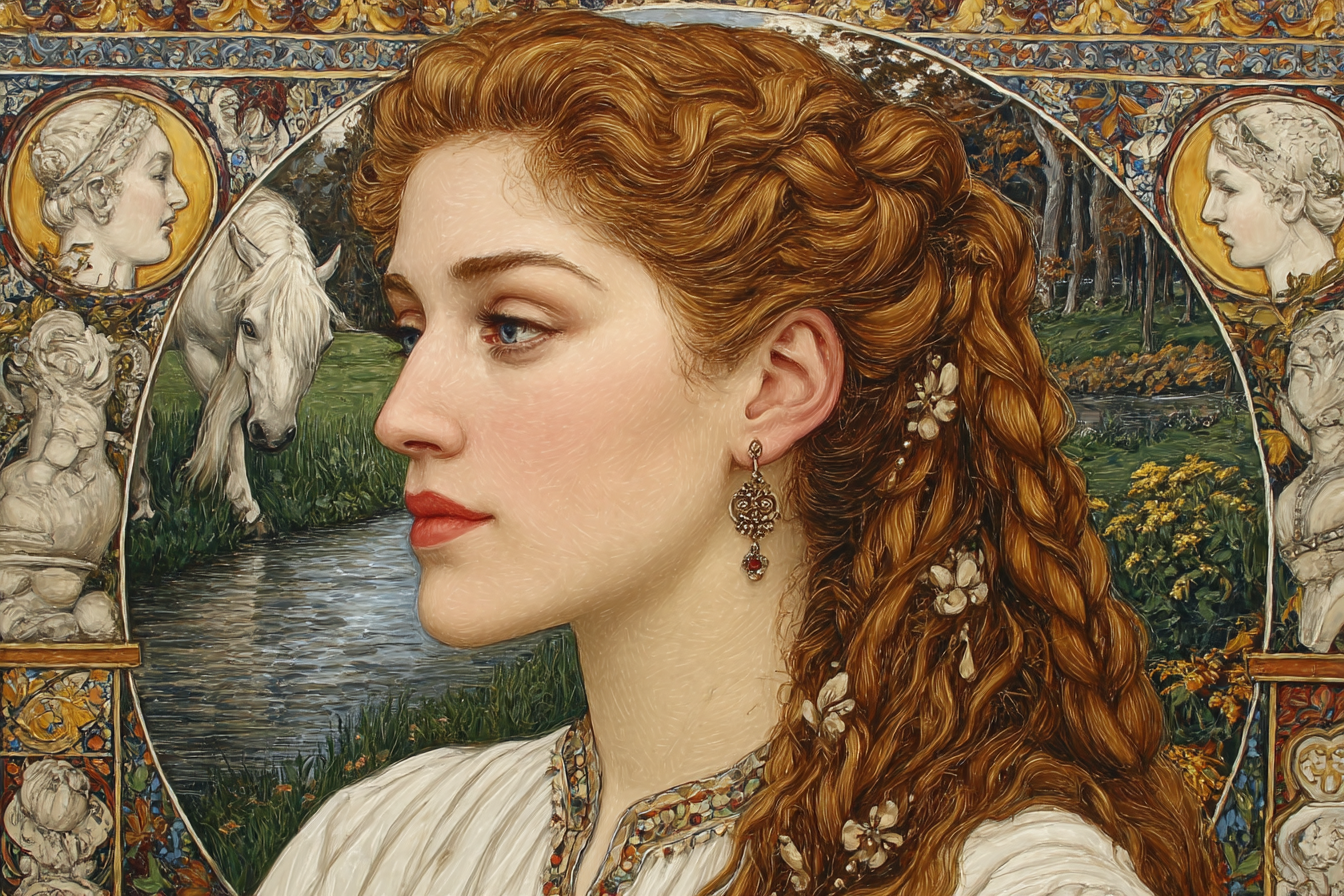 Junge Frau Portrait Hintergrund Pferd Blumen Muster | Klassisch | Einrichtungsstile