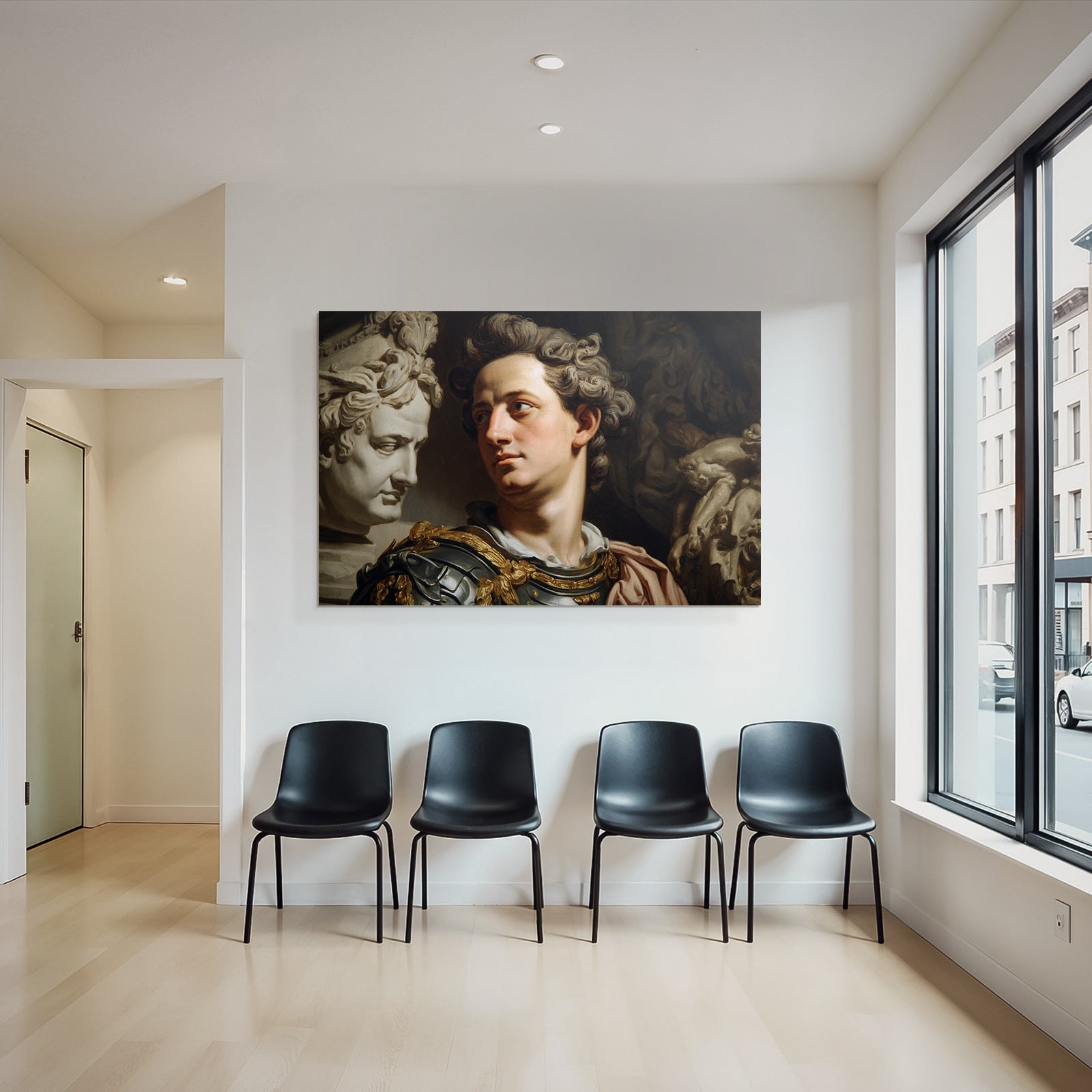 Junger Mann In Klarer Er Odyssee Ruestung Mit Marmor Bust Hintergrund