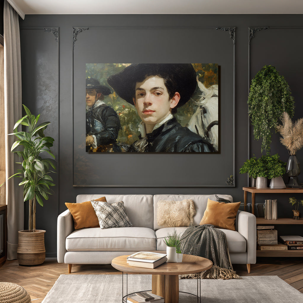 Junger Mann Mit Hut Historisches Bild Mit Pferd Hintergrund
