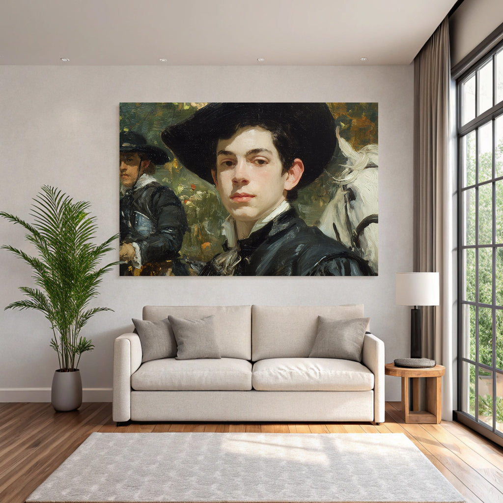 Junger Mann Mit Hut Historisches Bild Mit Pferd Hintergrund