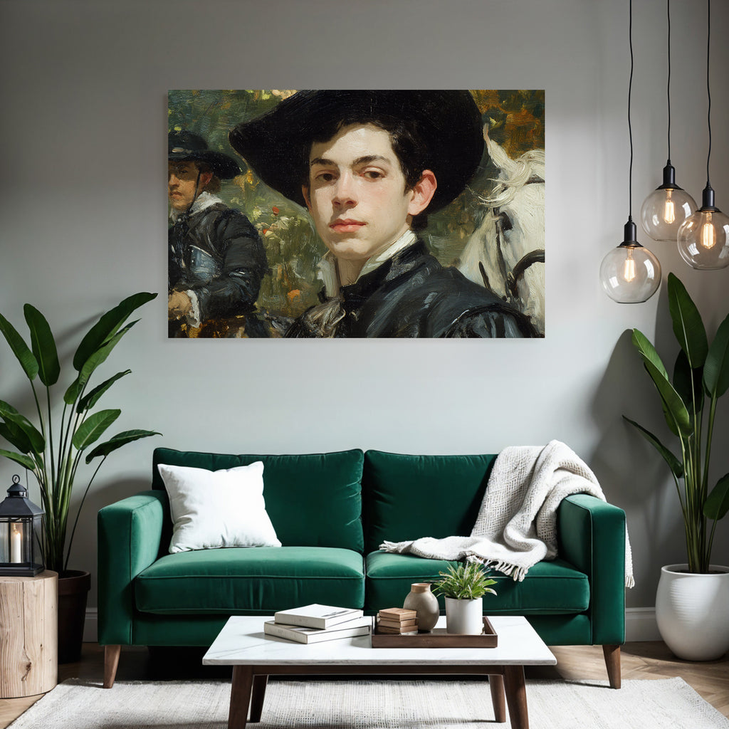 Junger Mann Mit Hut Historisches Bild Mit Pferd Hintergrund