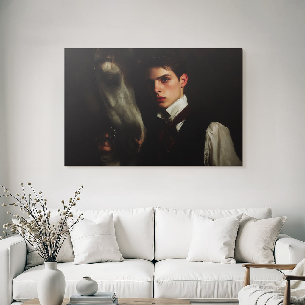 Junger Mann Mit Pferd Formelles Anzug Vintage Portrait