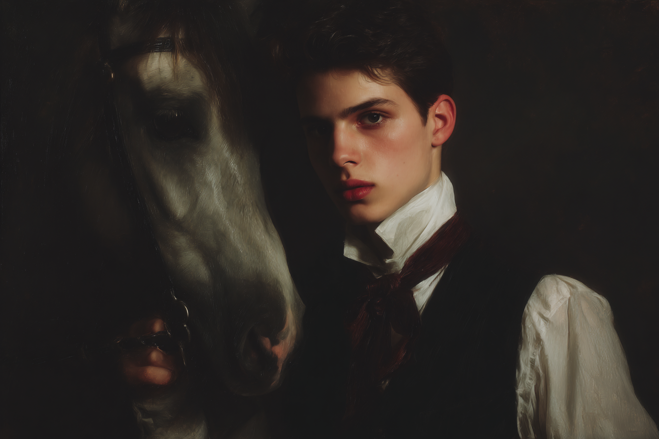 Junger Mann Mit Pferd Formelles Anzug Vintage Portrait | Klassisch | Einrichtungsstile