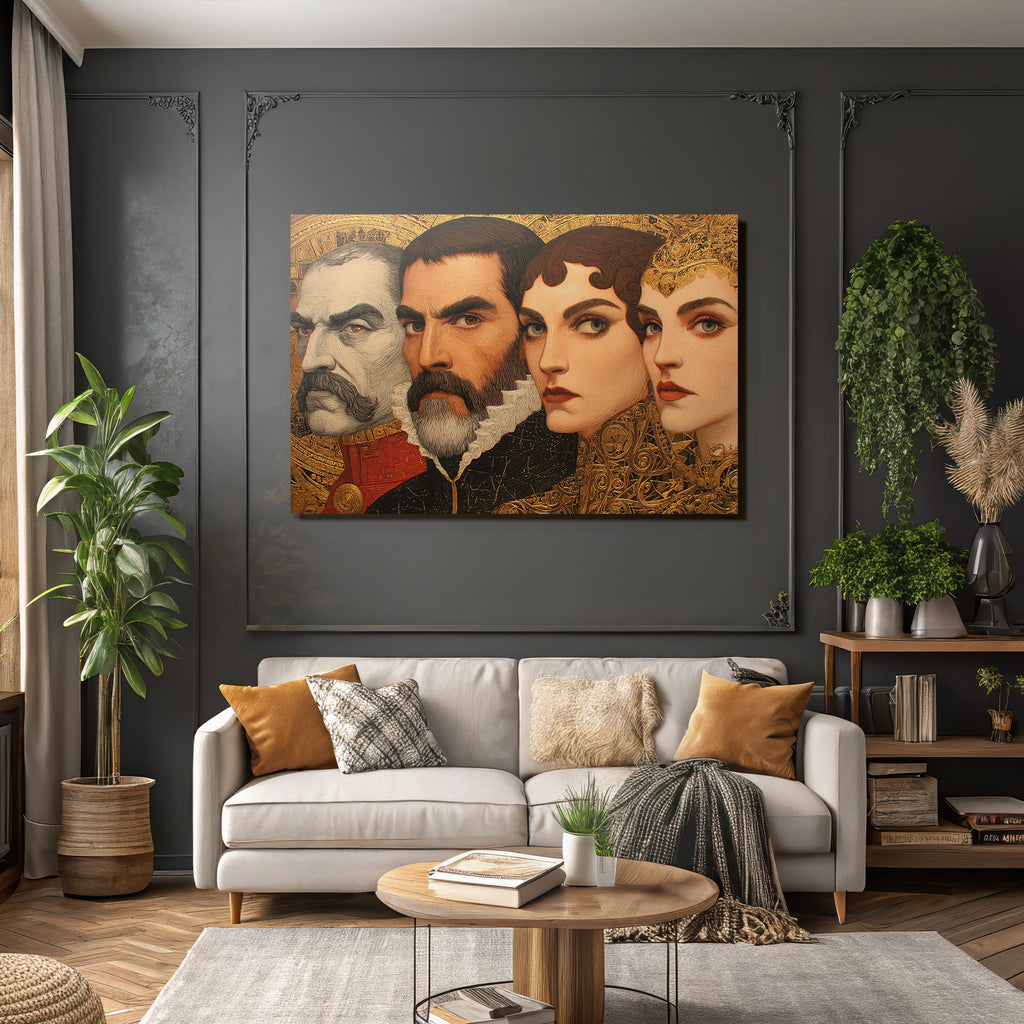 Kuenstlerische Darstellung Von Vier Figuren Mit Eleganter Bekleidung
