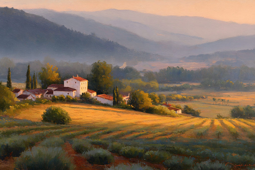 Landschaft Malerei Rustikale Umgebung Mit Huegeln Und Feldern | Klassisch | Einrichtungsstile
