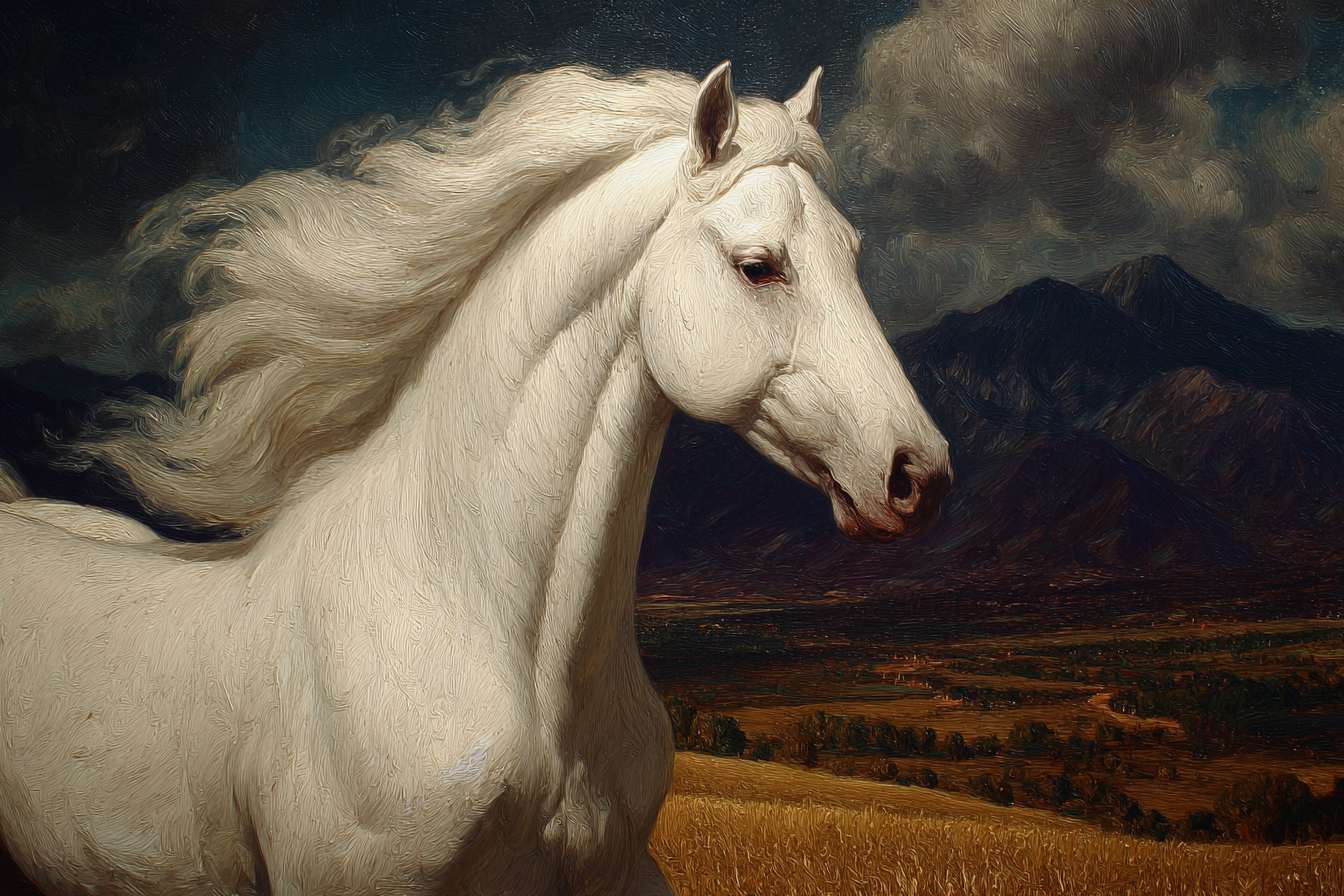 Majestaetisches Weisses Pferd Fliessende Maehne Vor Berglandschaft Mit Wolken Himmel | Klassisch | Einrichtungsstile