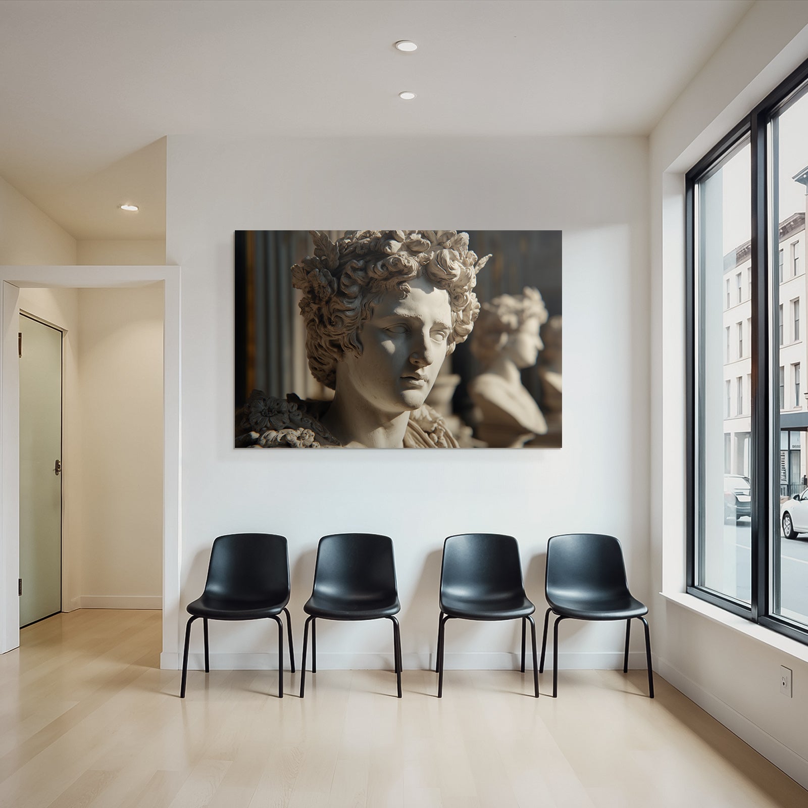 Marmor Buste Antike Figuren Mit Blumenkronen Im Architektonischen Hintergrund