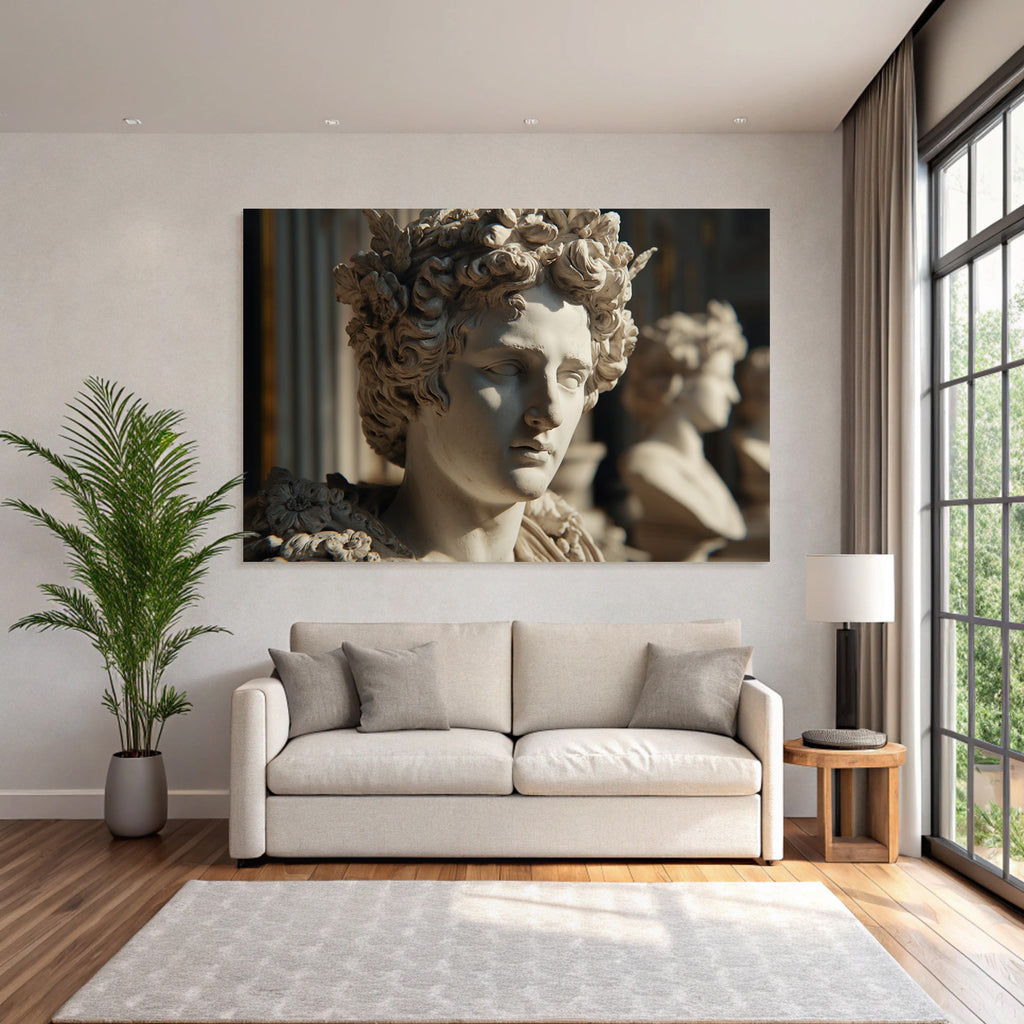 Marmor Buste Antike Figuren Mit Blumenkronen Im Architektonischen Hintergrund