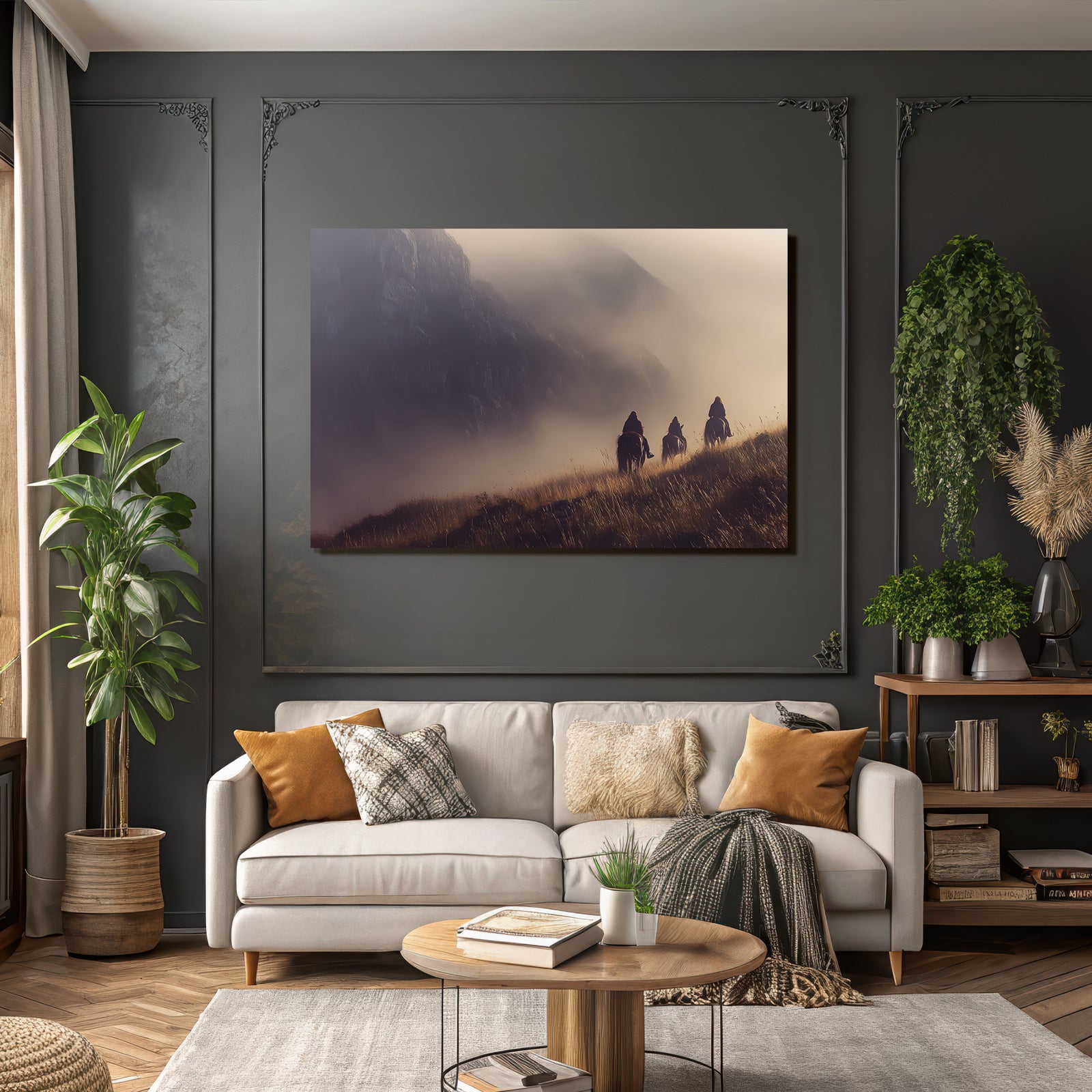 Mistige Landschaft Reiter Auf Pferden Im Nebel Mountain Szenario