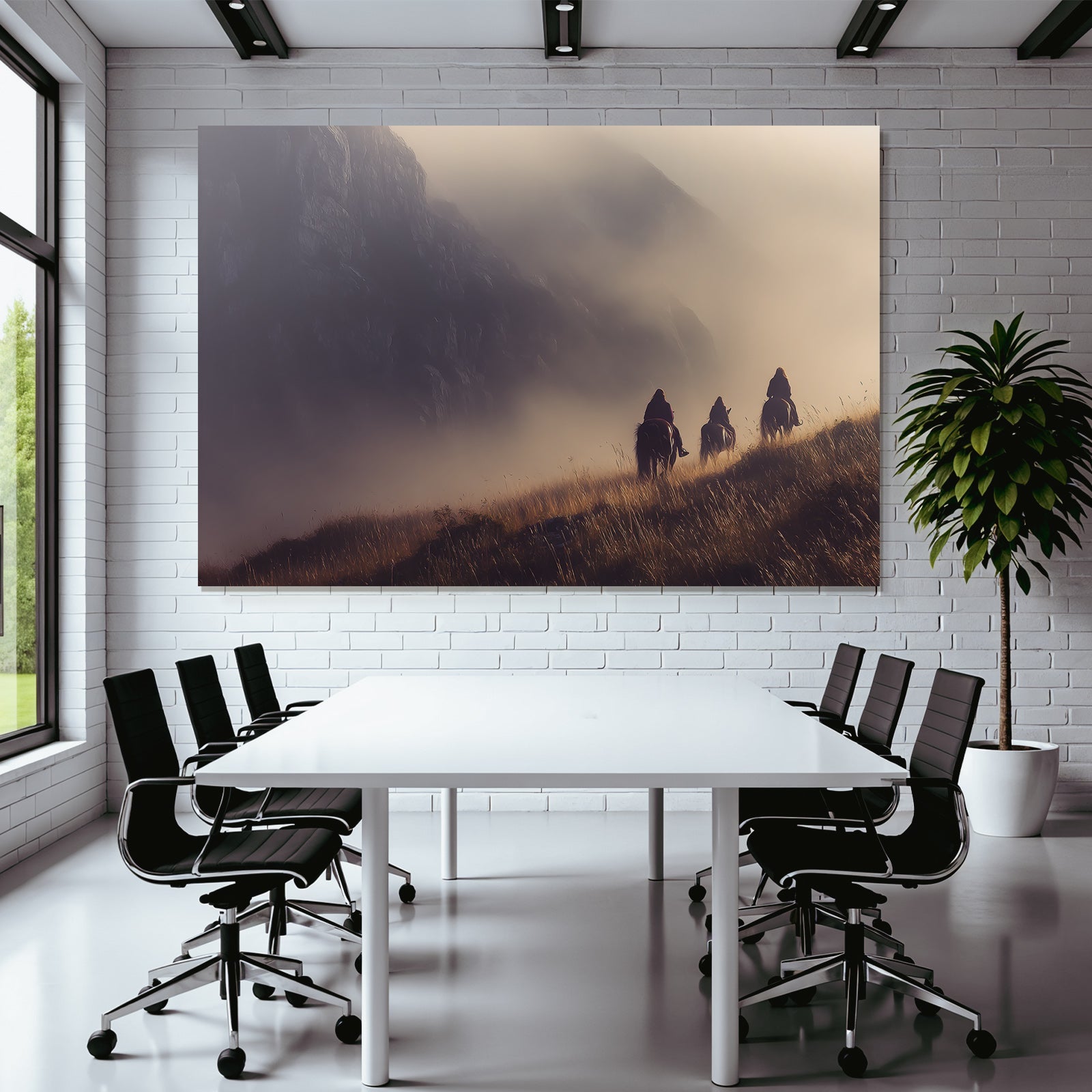 Mistige Landschaft Reiter Auf Pferden Im Nebel Mountain Szenario