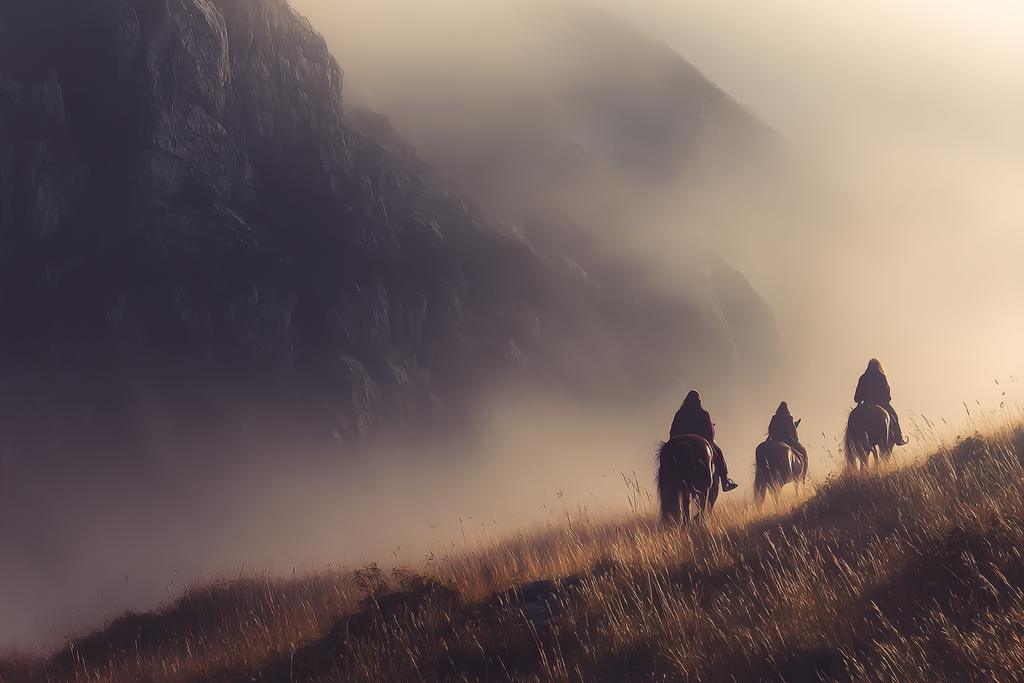 Mistige Landschaft Reiter Auf Pferden Im Nebel Mountain Szenario | Klassisch | Einrichtungsstile