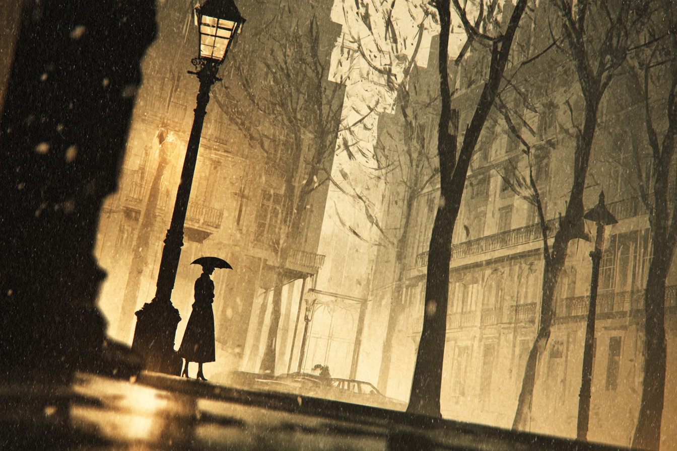 Moody Street Scene Regnerischer Tag Mit Silhouette Und Lampen Post | Klassisch | Einrichtungsstile
