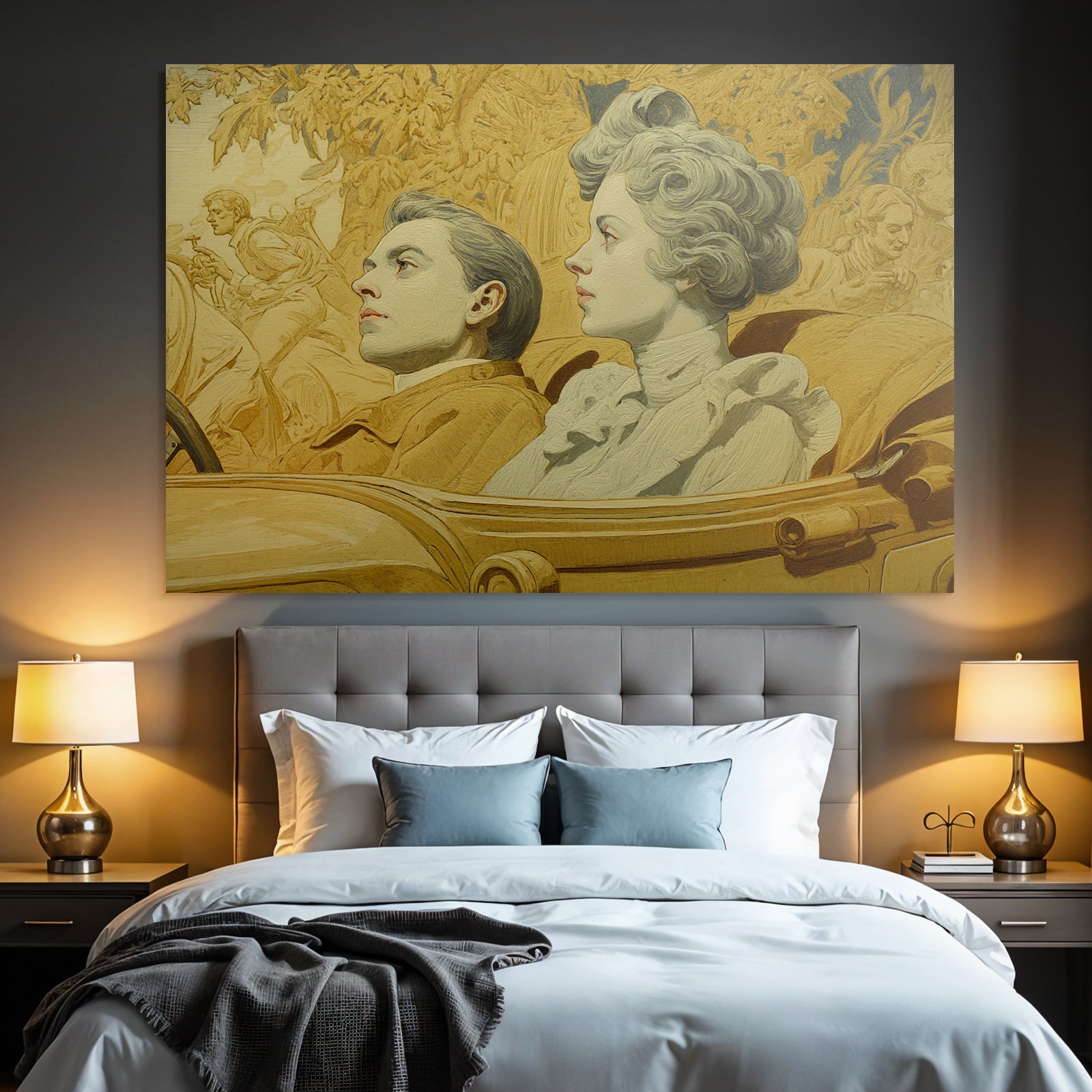 Paare Im Vintage Auto Mit Hintergrund Foliage Und Figuren