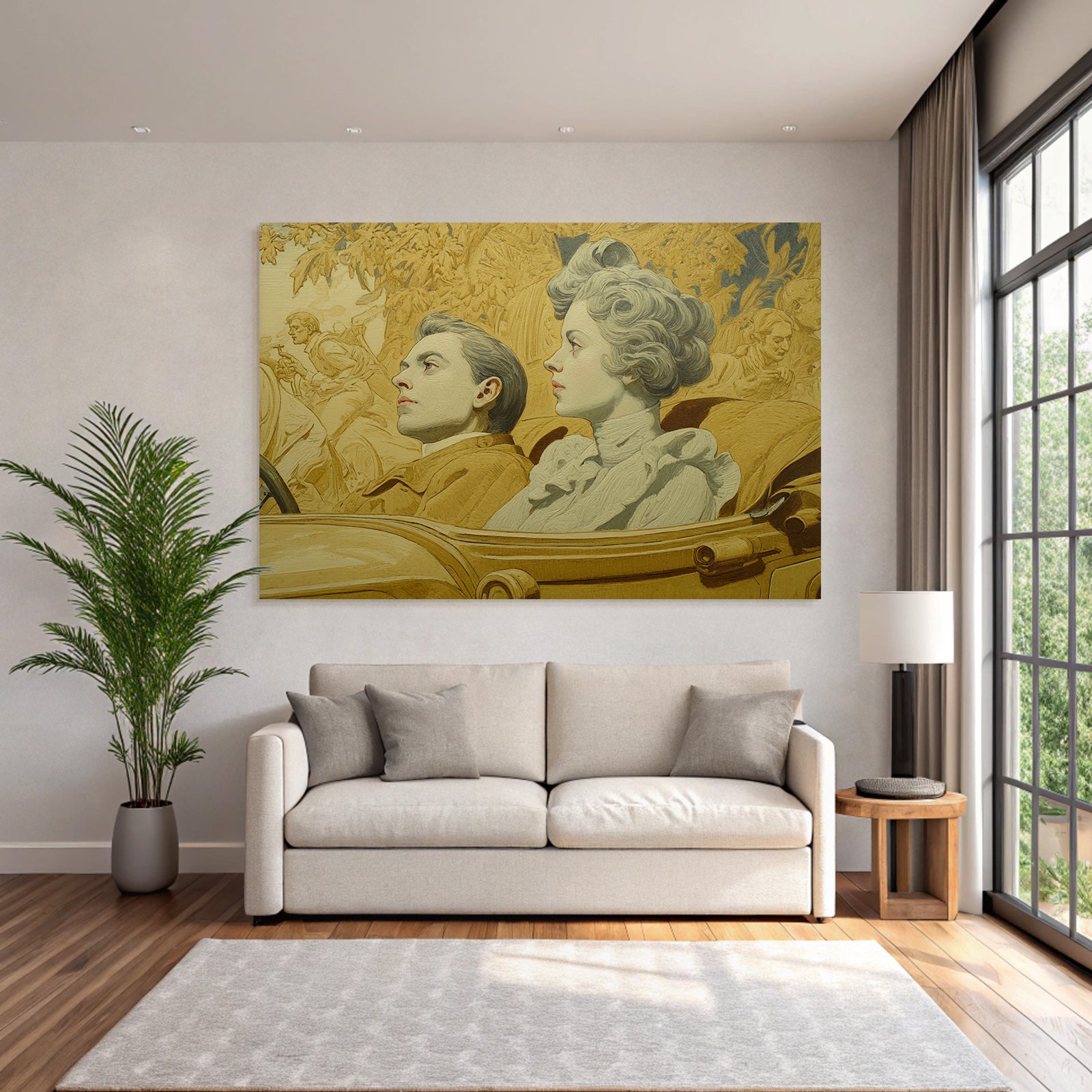 Paare Im Vintage Auto Mit Hintergrund Foliage Und Figuren
