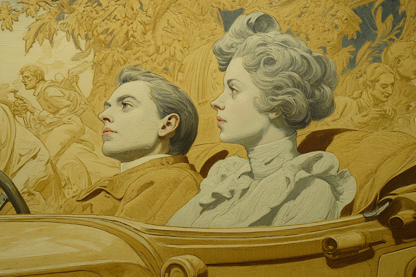 Paare Im Vintage Auto Mit Hintergrund Foliage Und Figuren | Klassisch | Einrichtungsstile