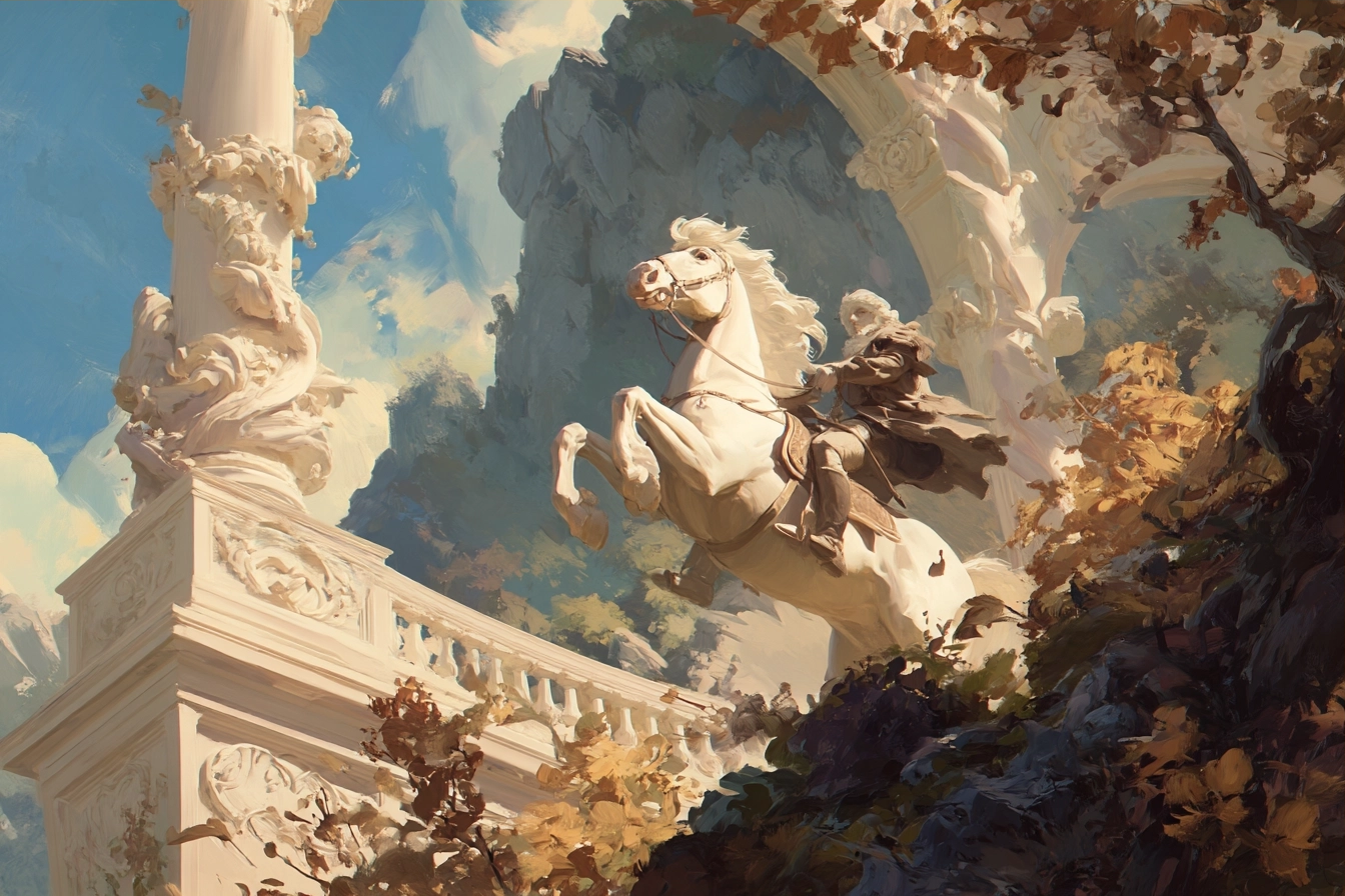 Pferd Reitender Rider Hintergrund Architektur Gebaeude Berglandschaft Fantasy Historisch | Klassisch | Einrichtungsstile