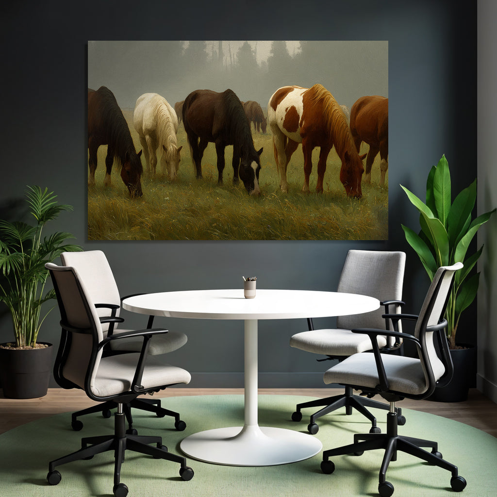 Pferde Grasen In Nebliger Landschaft Impressionistische Kunst