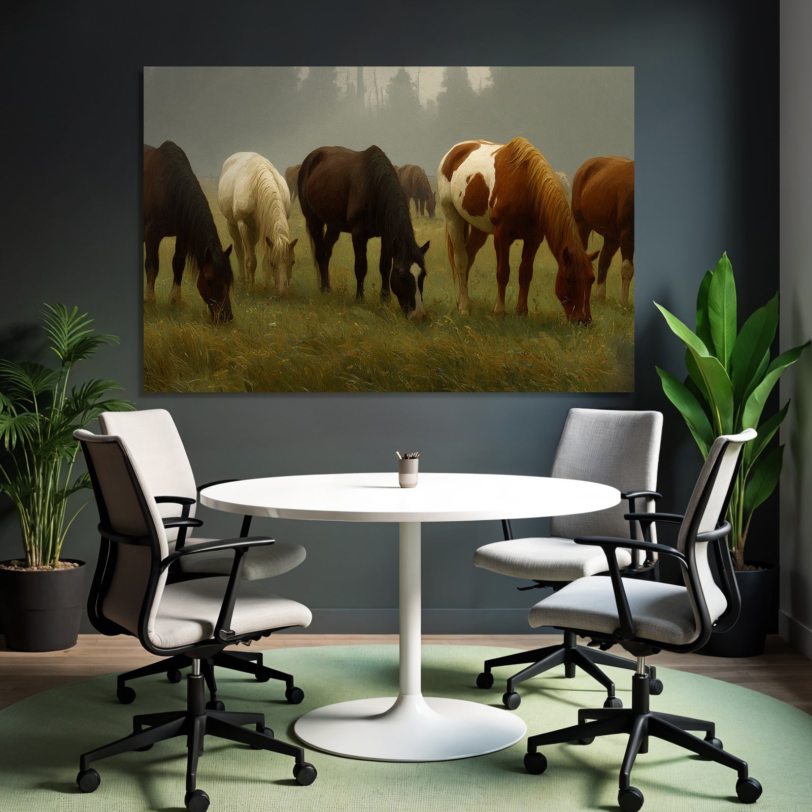 Pferde Grasen In Nebliger Landschaft Impressionistische Kunst