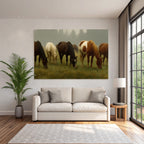 Pferde Grasen In Nebliger Landschaft Impressionistische Kunst